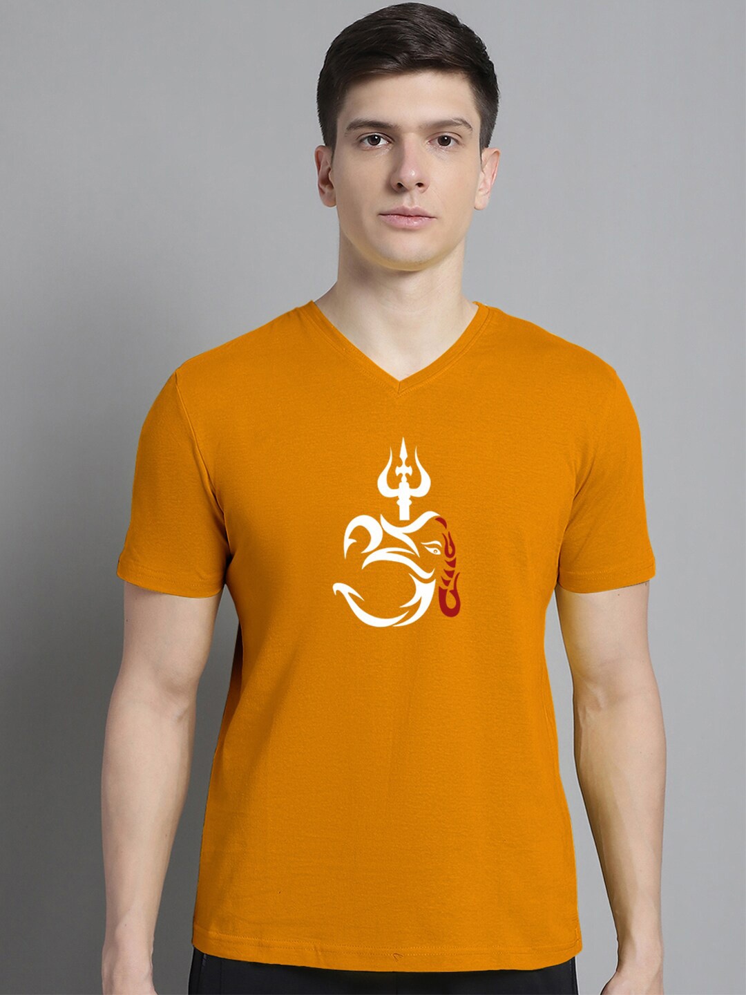 

FBAR Typography Printed V-Neck Raw Edge Slim Fit T-shirt, Gold