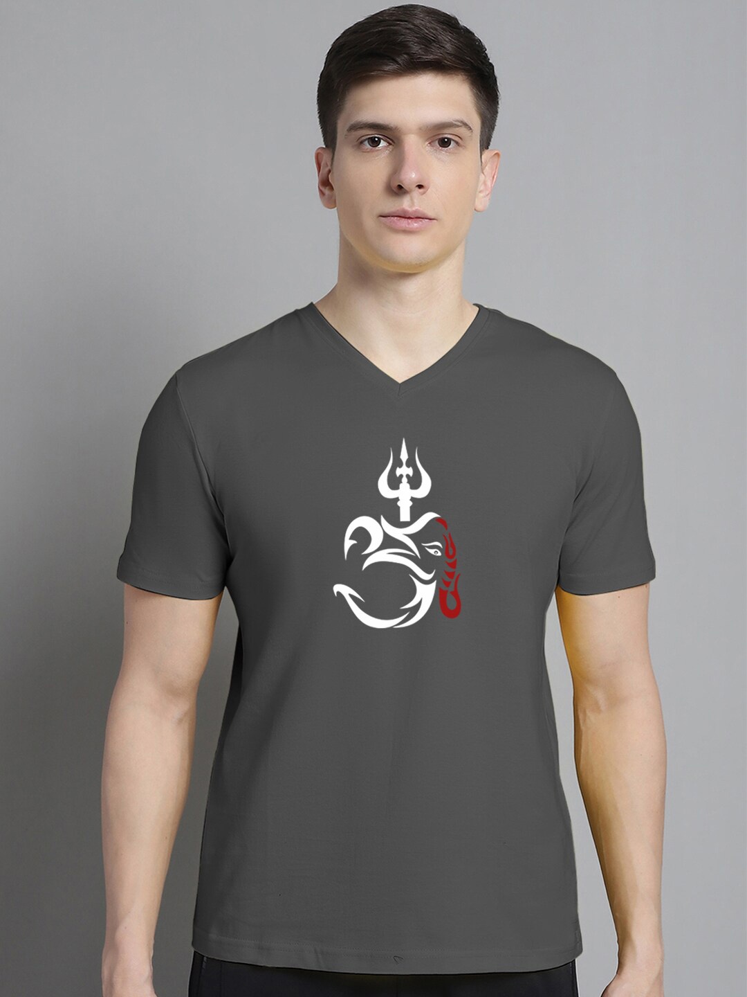 

FBAR Printed V-Neck Slim Fit Cotton T-shirt, Grey