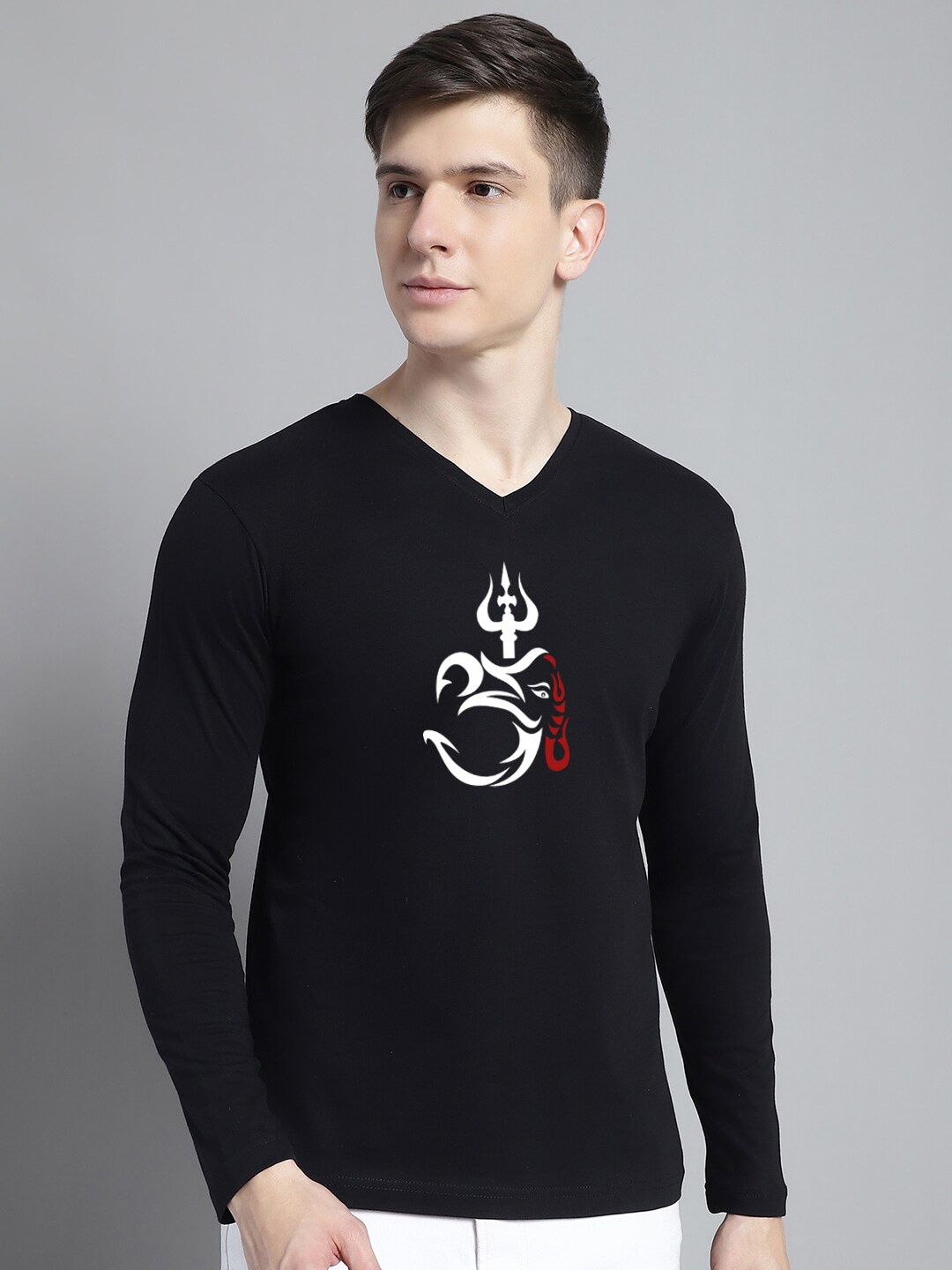 FBAR Typography Printed V-Neck Cotton Slim Fit T-shirt, Black