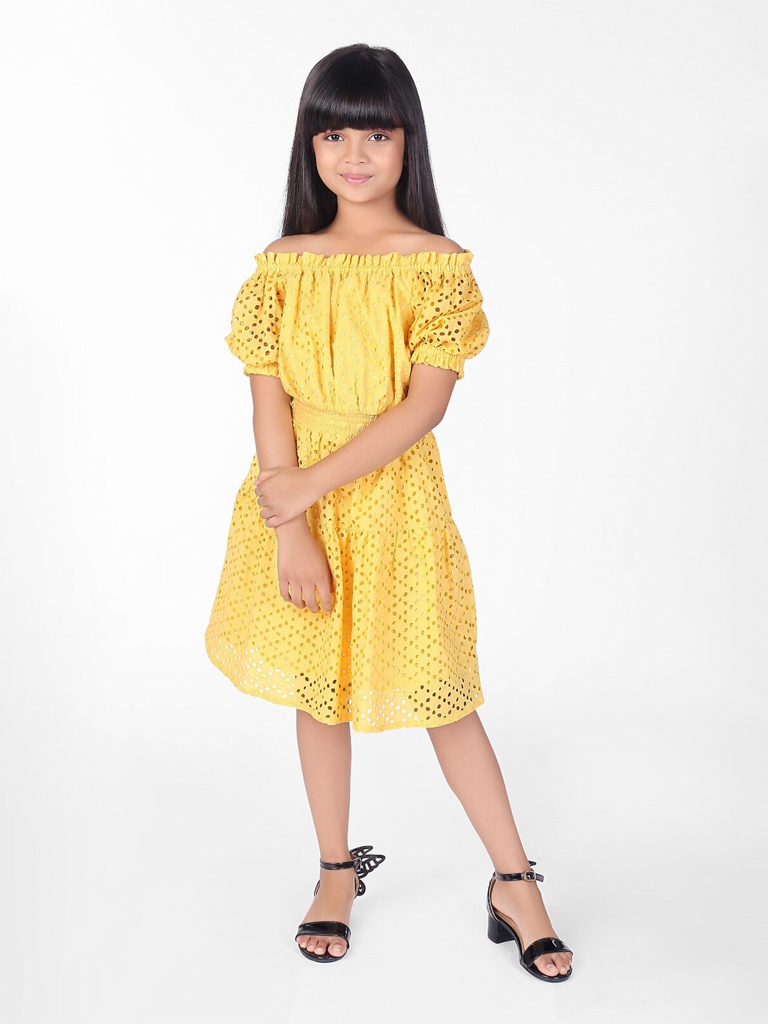 

ZIP ZAP ZOOP Girls Self Design Off-Shoulder Smocked Pure Cotton Fit & Flare Dress, Yellow