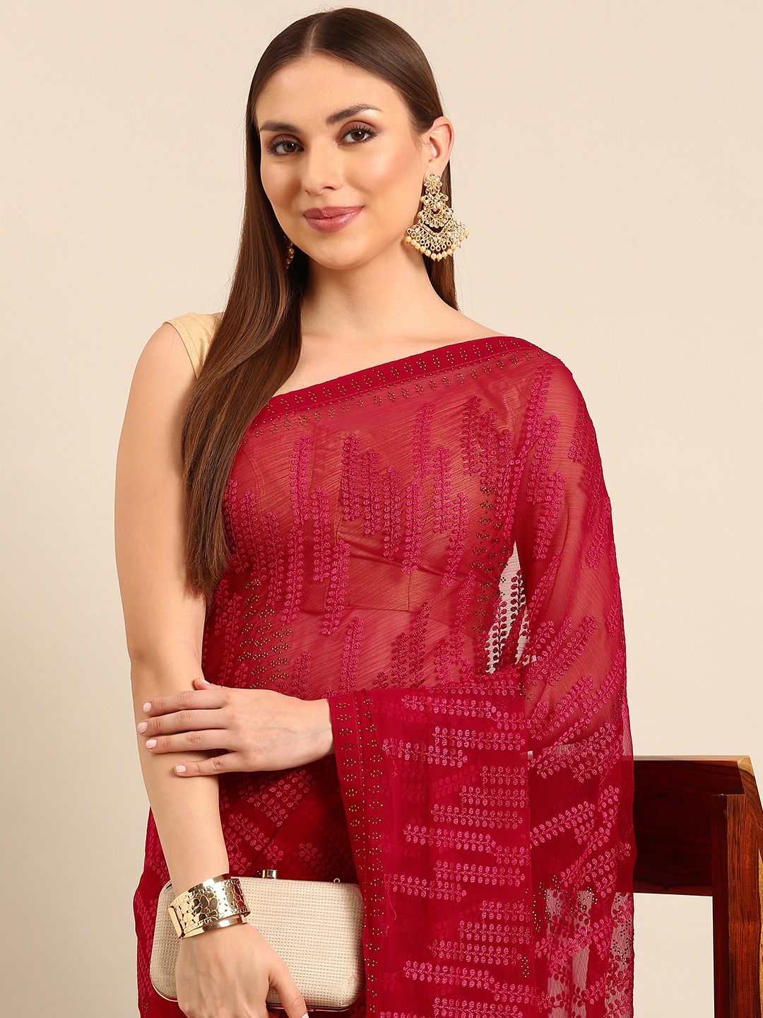 

MAHALASA Floral Embroidered Pure Chiffon Saree, Red
