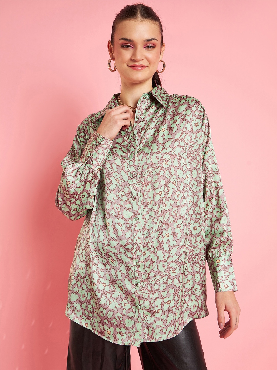 

Antheaa Green Abstract Printed Long Sleeves Satin Shirt Style Top