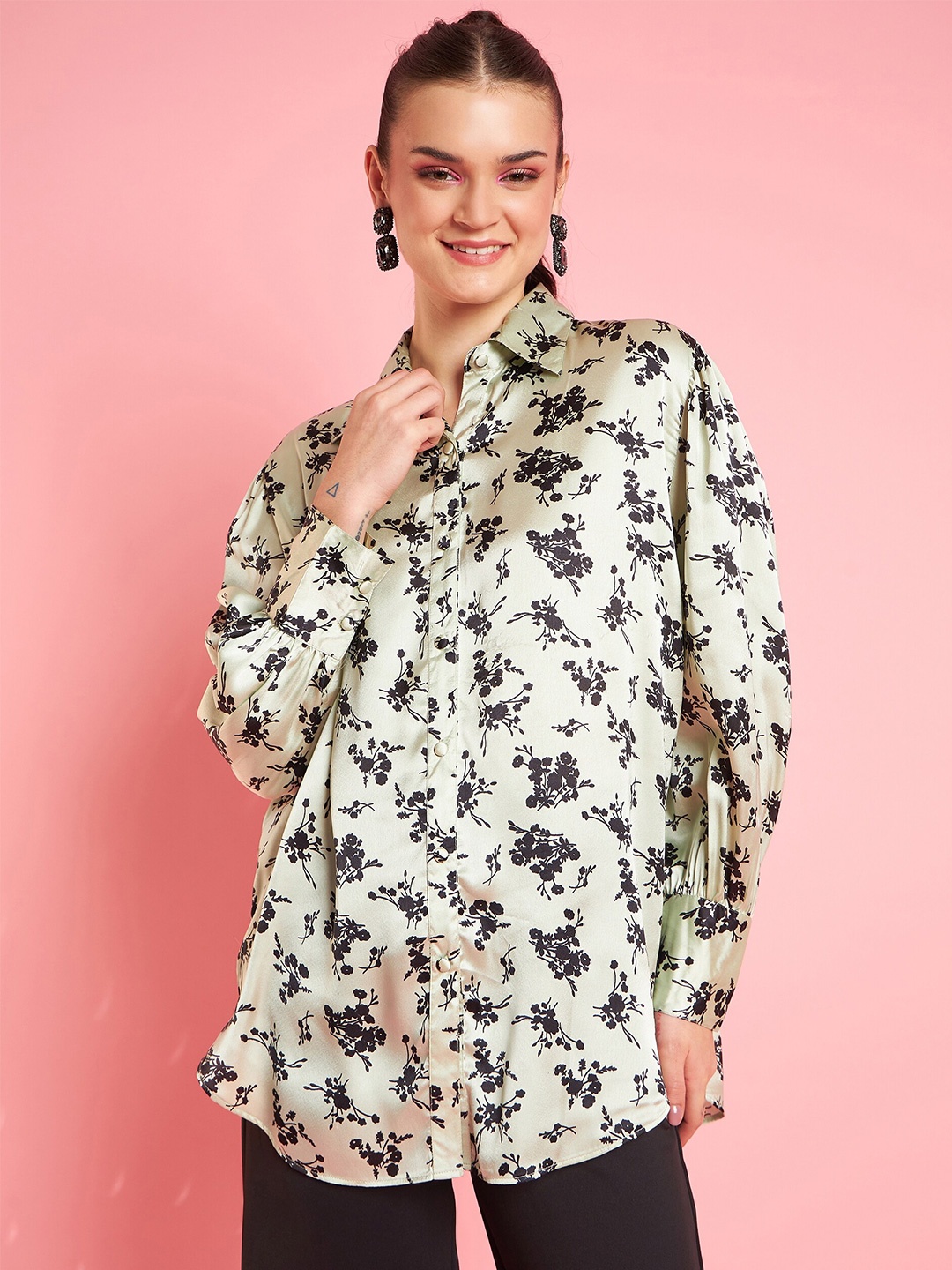 

Antheaa Green Floral Printed Long Sleeves Satin Shirt Style Top