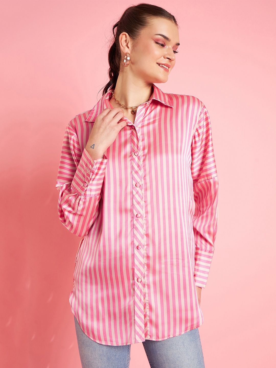 

Antheaa Pink Vertical Stripes Long Sleeves Satin Shirt Style Top