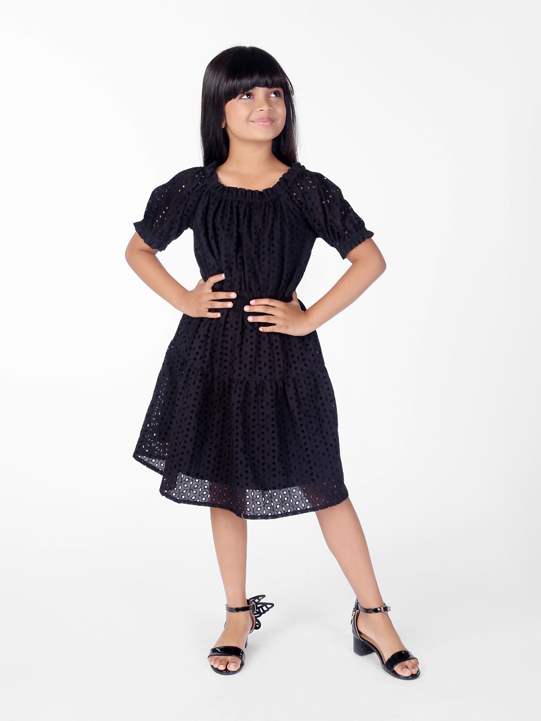 

ZIP ZAP ZOOP Girls Self Design Puffed Sleeves Smocked Pure Cotton Fit & Flare Midi Dress, Black