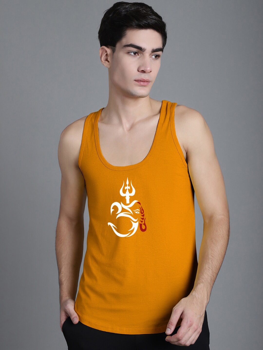 

FBAR Printed Sleeveless Pure Cotton Gym Vest, Mustard