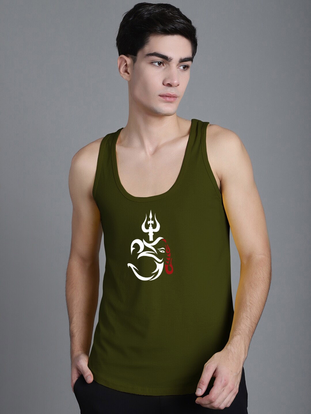 

FBAR Printed Sleeveless Pure Cotton Gym Vest, Olive