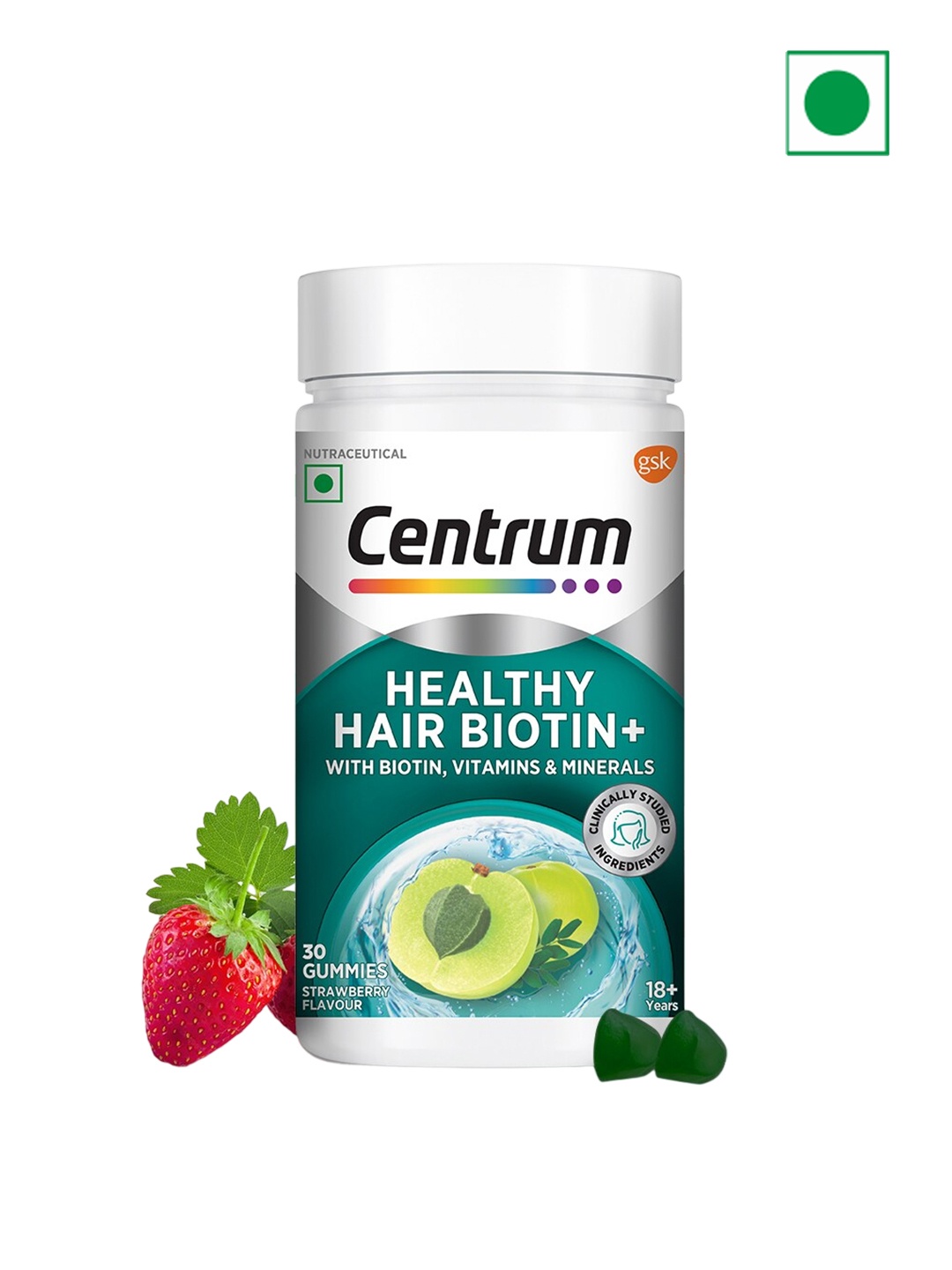 

Centrum Strawberry Flavour Healthy Hair Biotin+ Gummies With Vitamins & Minerals - 30 Pcs, Green