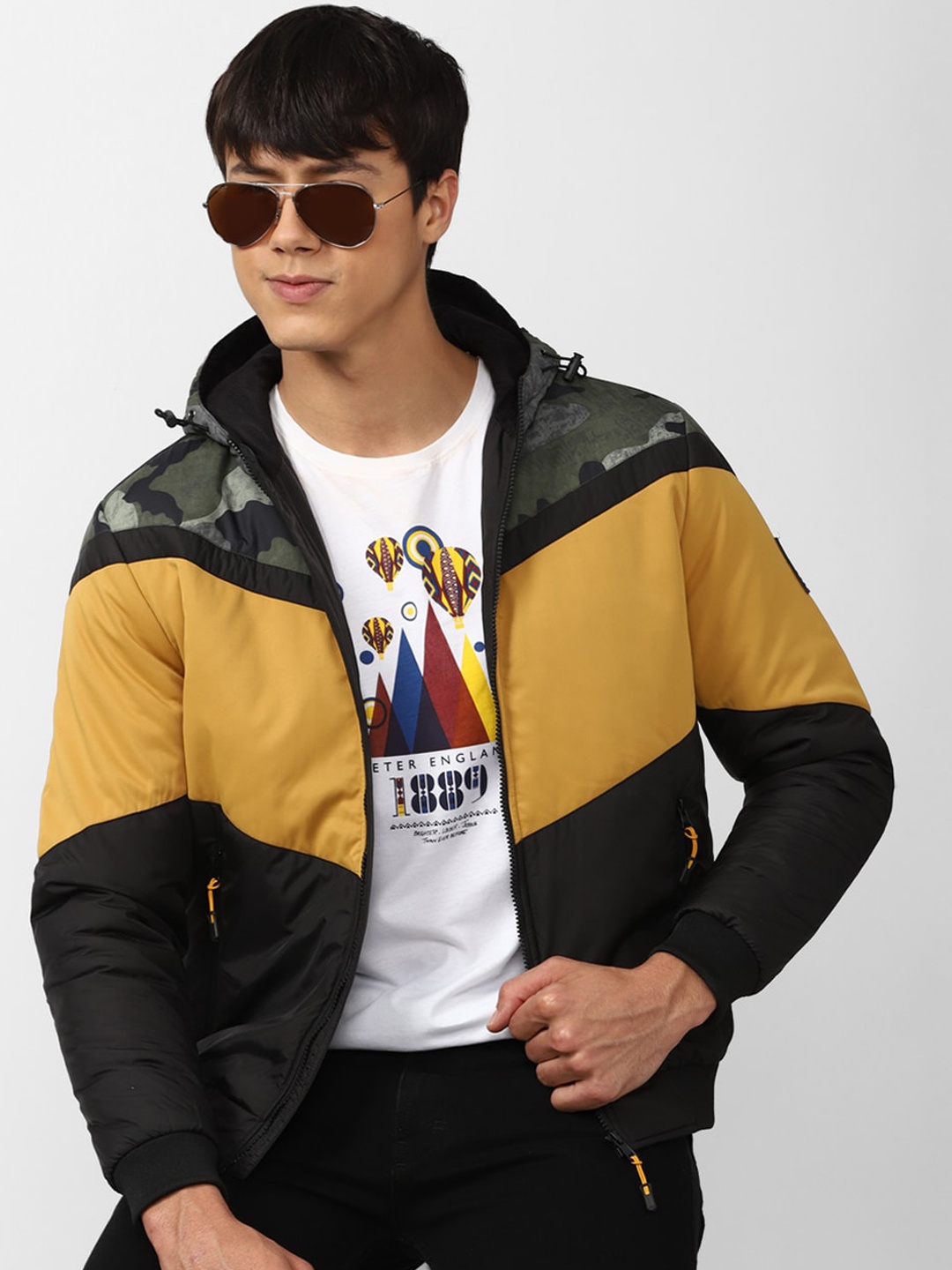 

Peter England Casuals Colourblocked Hooded Bomber Jacket, Black