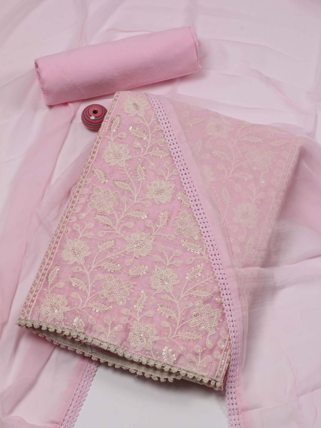 

Meena Bazaar Floral Embroidered Sequinned Detailed Chanderi Unstitched Dress Material, Pink