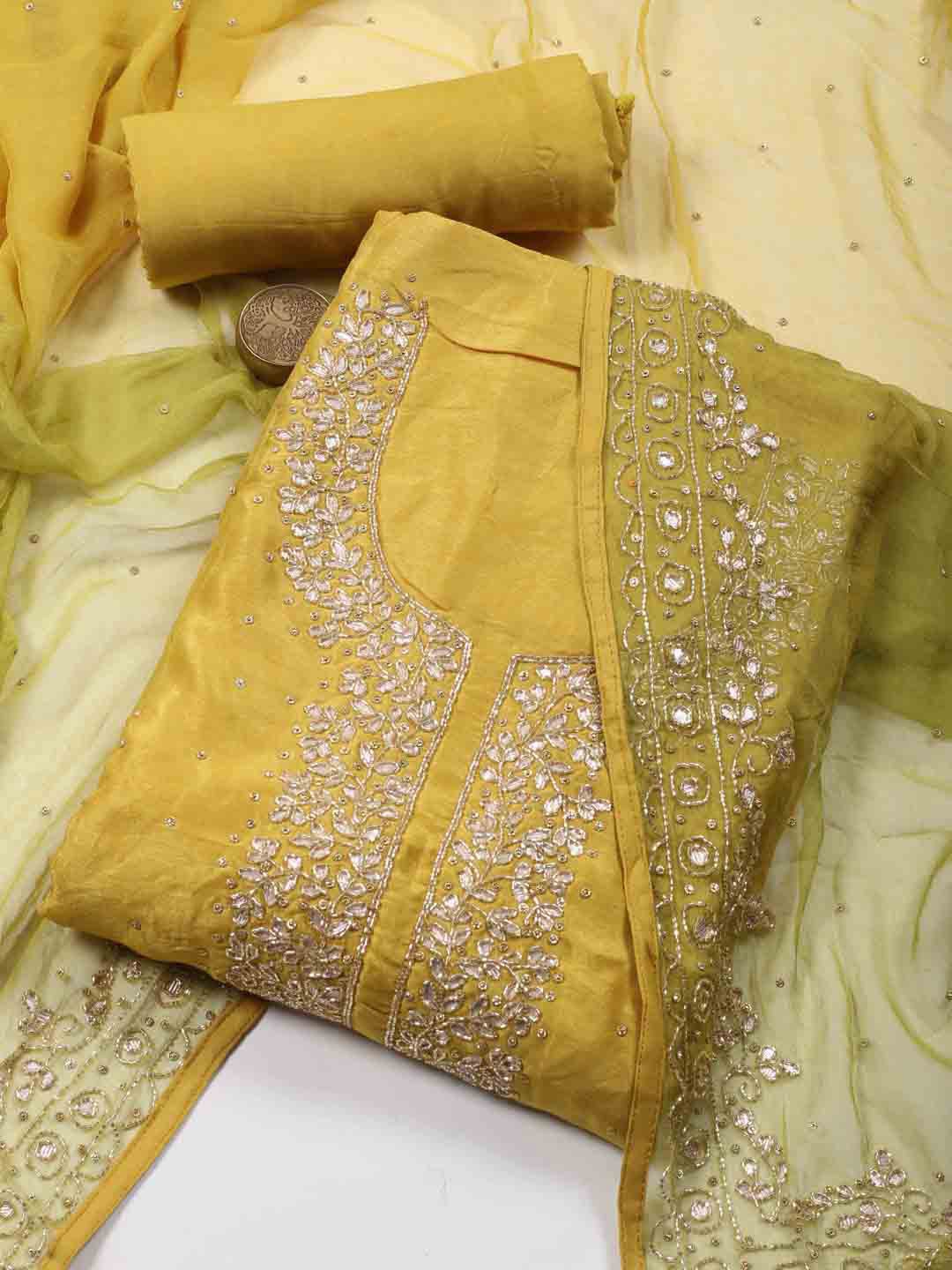 

Meena Bazaar Geometric Embroidered Beads & Stones Detailed Unstitched Dress Material, Mustard