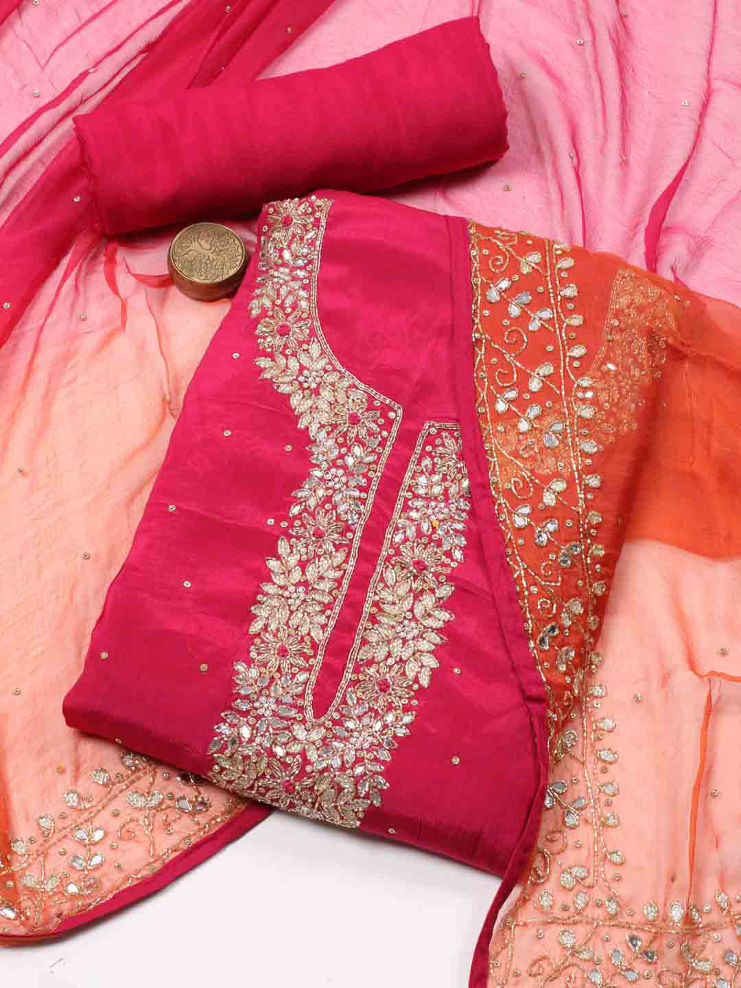 

Meena Bazaar Geometric Embroidered Beads & Stones Detailed Unstitched Dress Material, Pink