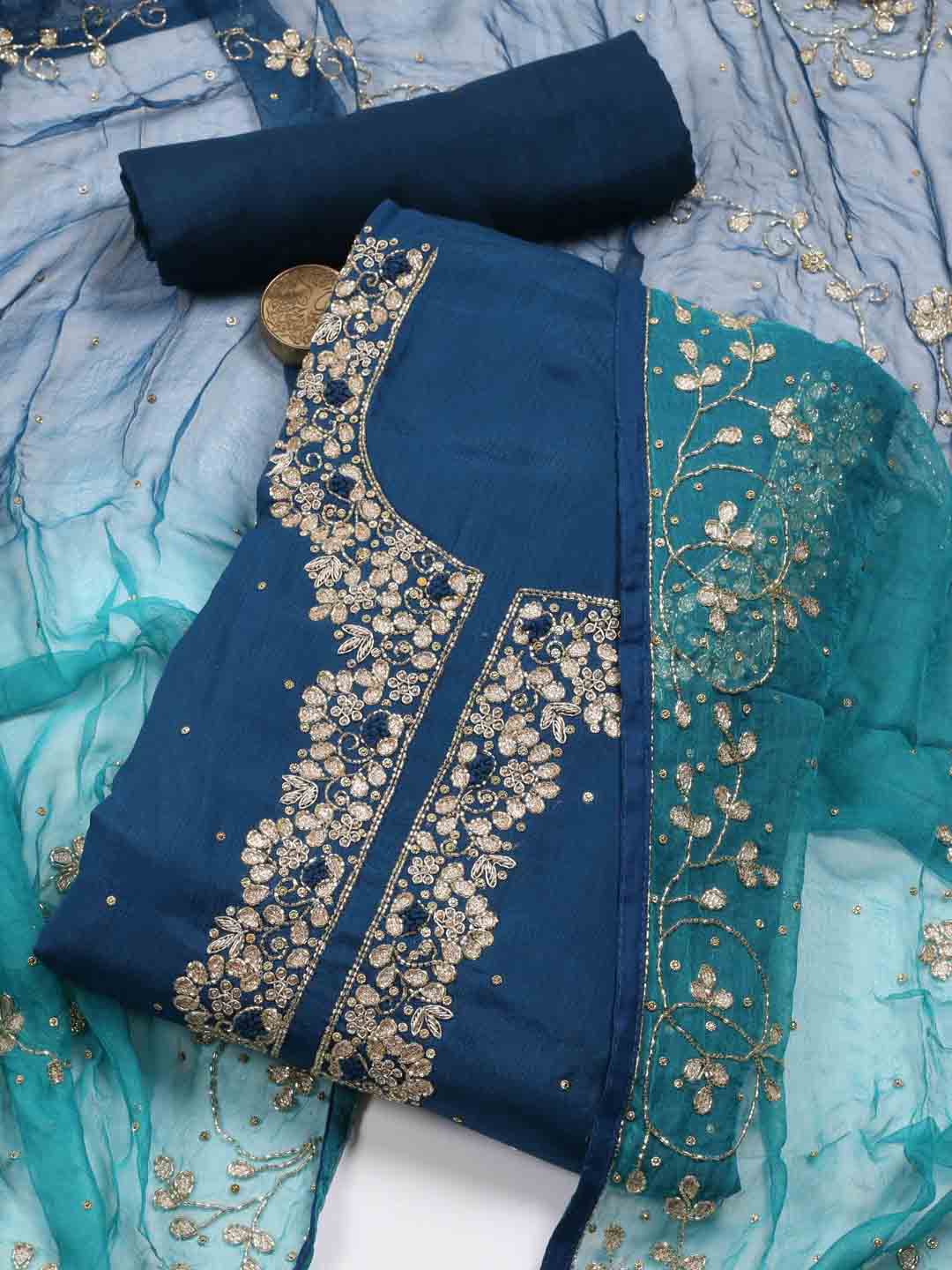 

Meena Bazaar Embroidered Sequined Unstitched Dress Material, Blue