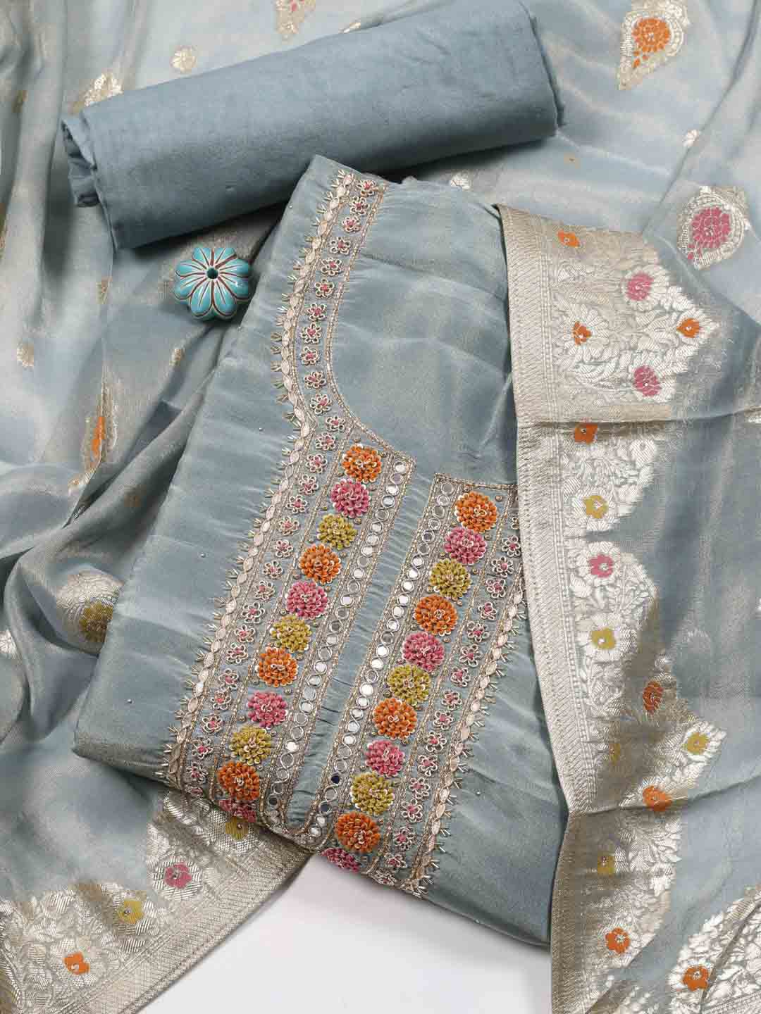 

Meena Bazaar Embroidered Mirror Work Unstitched Dress Material, Grey