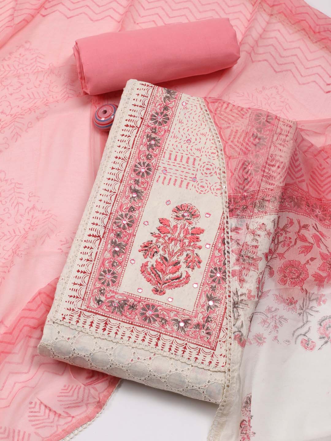 

Meena Bazaar Printed Mirror Work Unstitched Dress Material, Pink