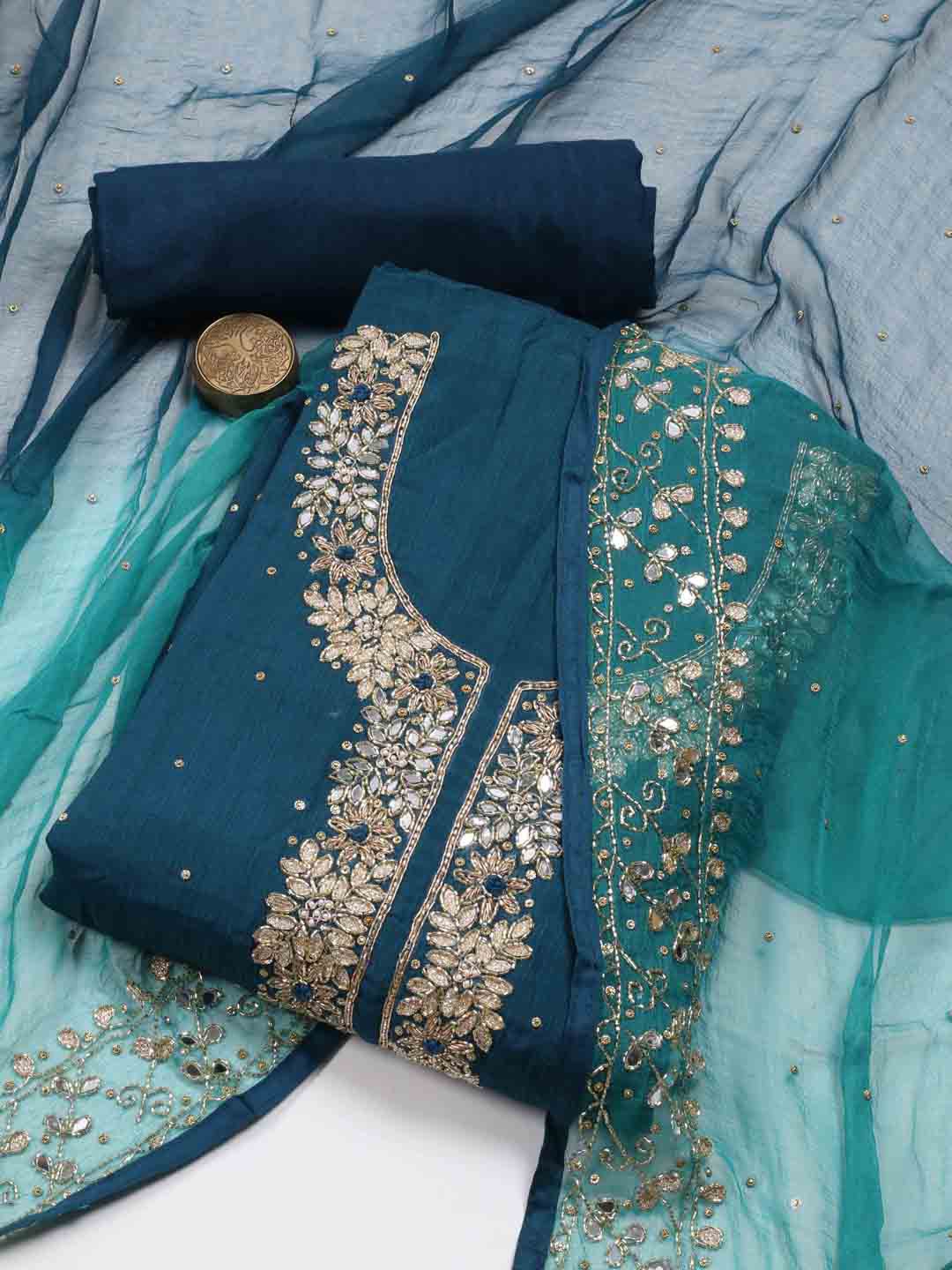 

Meena Bazaar Embroidered Sequined Unstitched Dress Material, Blue