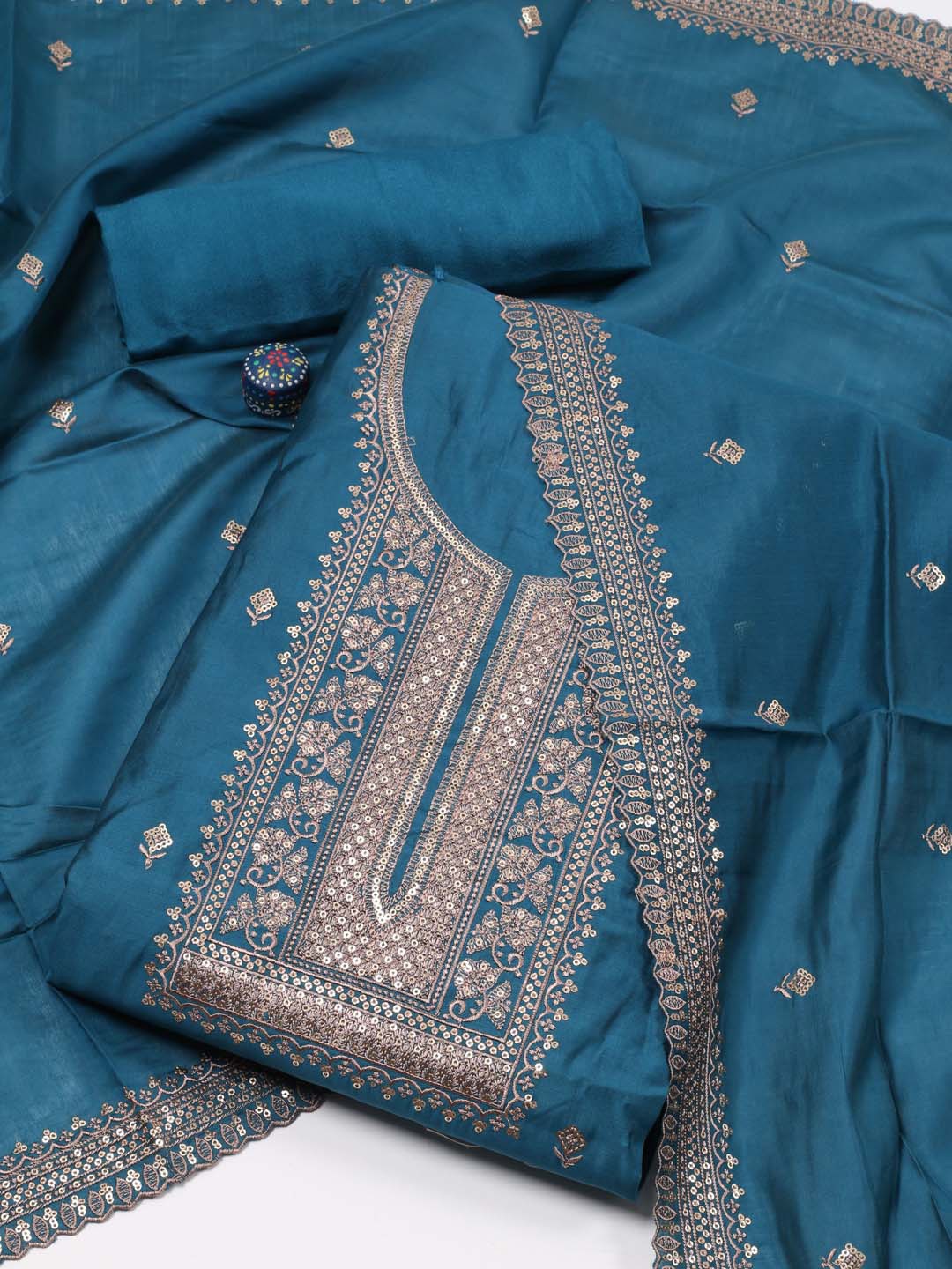 

Meena Bazaar Embroidered Sequined Unstitched Dress Material, Teal