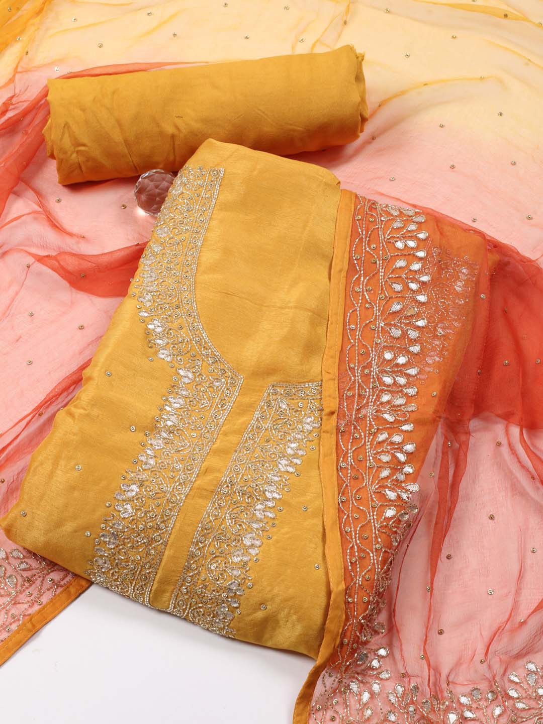 

Meena Bazaar Embroidered Sequined Unstitched Dress Material, Mustard