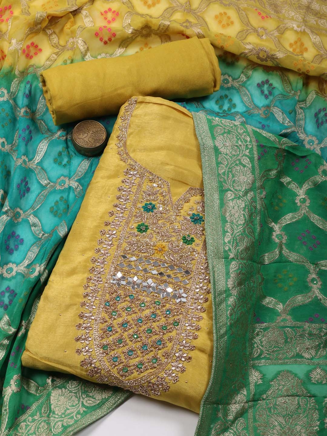 

Meena Bazaar Embroidered Mirror Work Unstitched Dress Material, Mustard