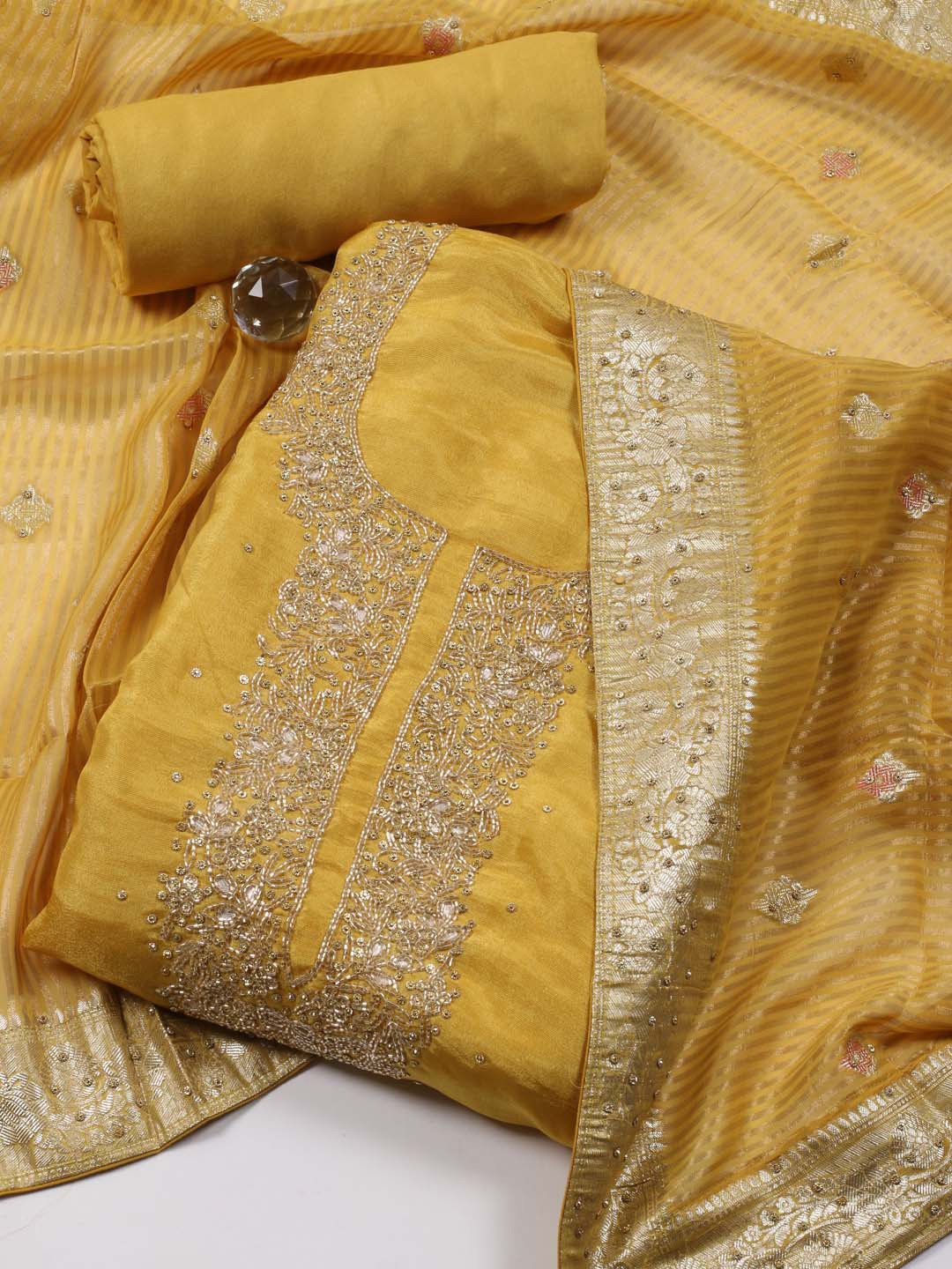 

Meena Bazaar Floral Embroidered Beads & Stones Art Silk Unstitched Dress Material, Mustard