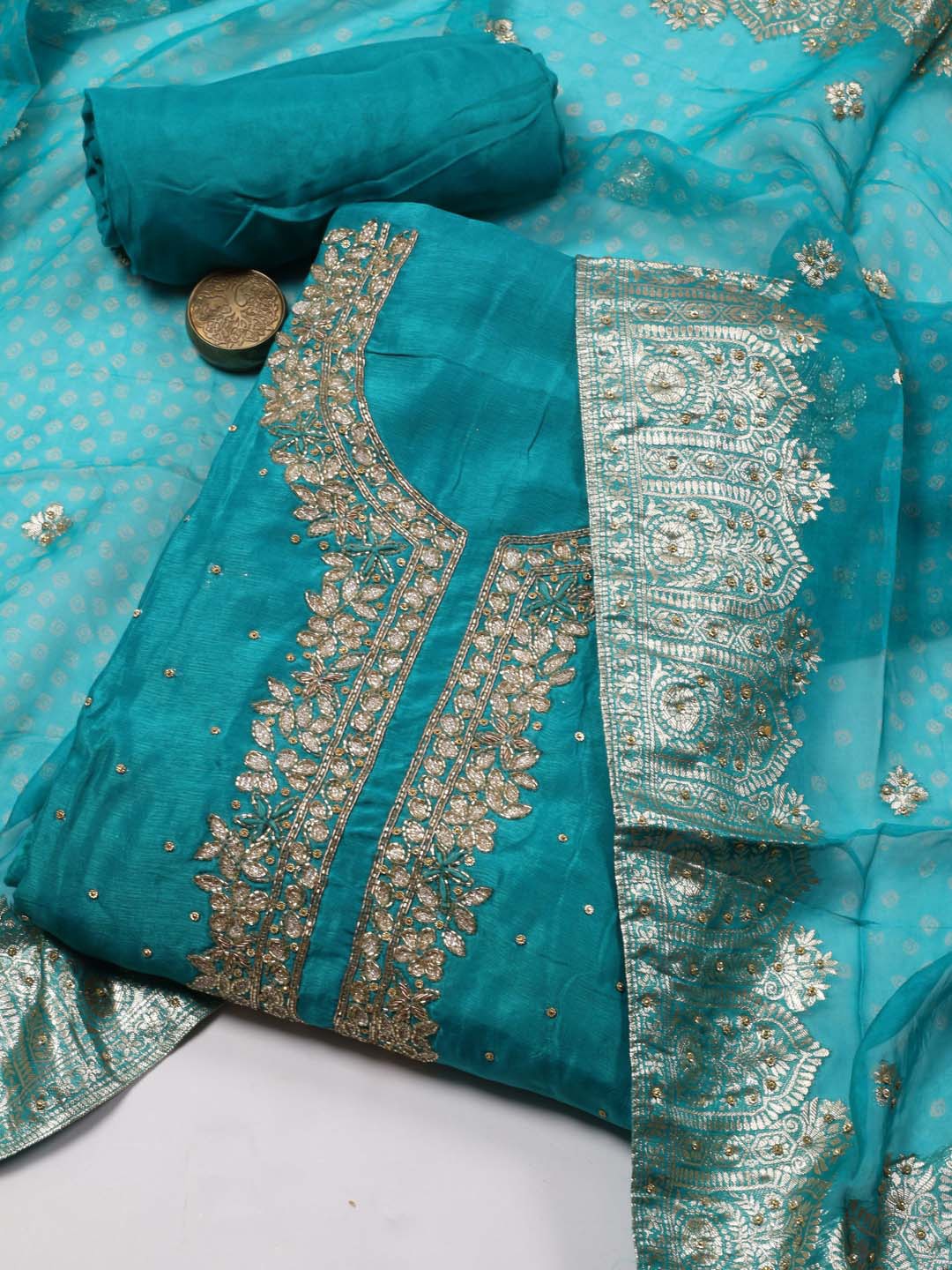 

Meena Bazaar Floral Embroidered Beads & Stones Art Silk Unstitched Dress Material, Blue