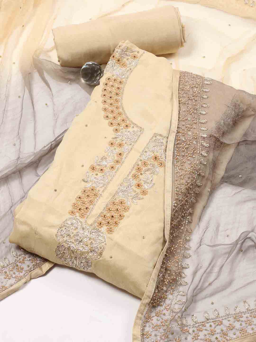 

Meena Bazaar Ethnic Motifs Embroidered Beads & Stones Art Silk Unstitched Dress Material, Beige