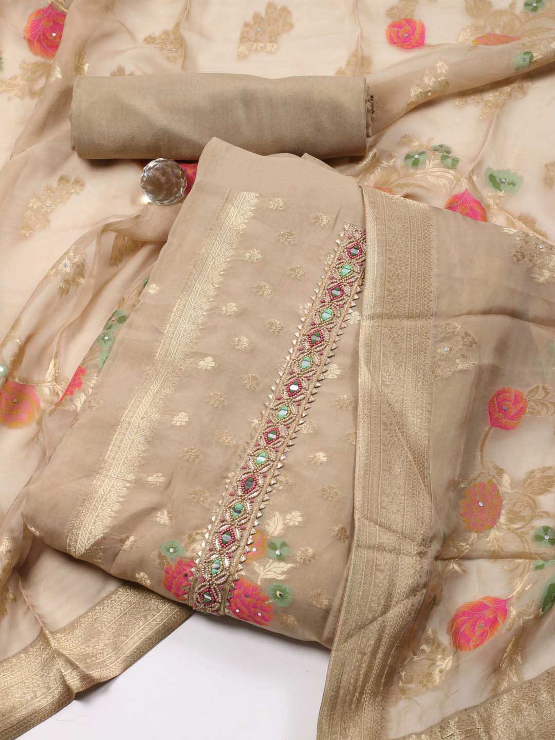 

Meena Bazaar Ethnic Motifs Woven Design Beads & Stones Organza Unstitched Dress Material, Beige