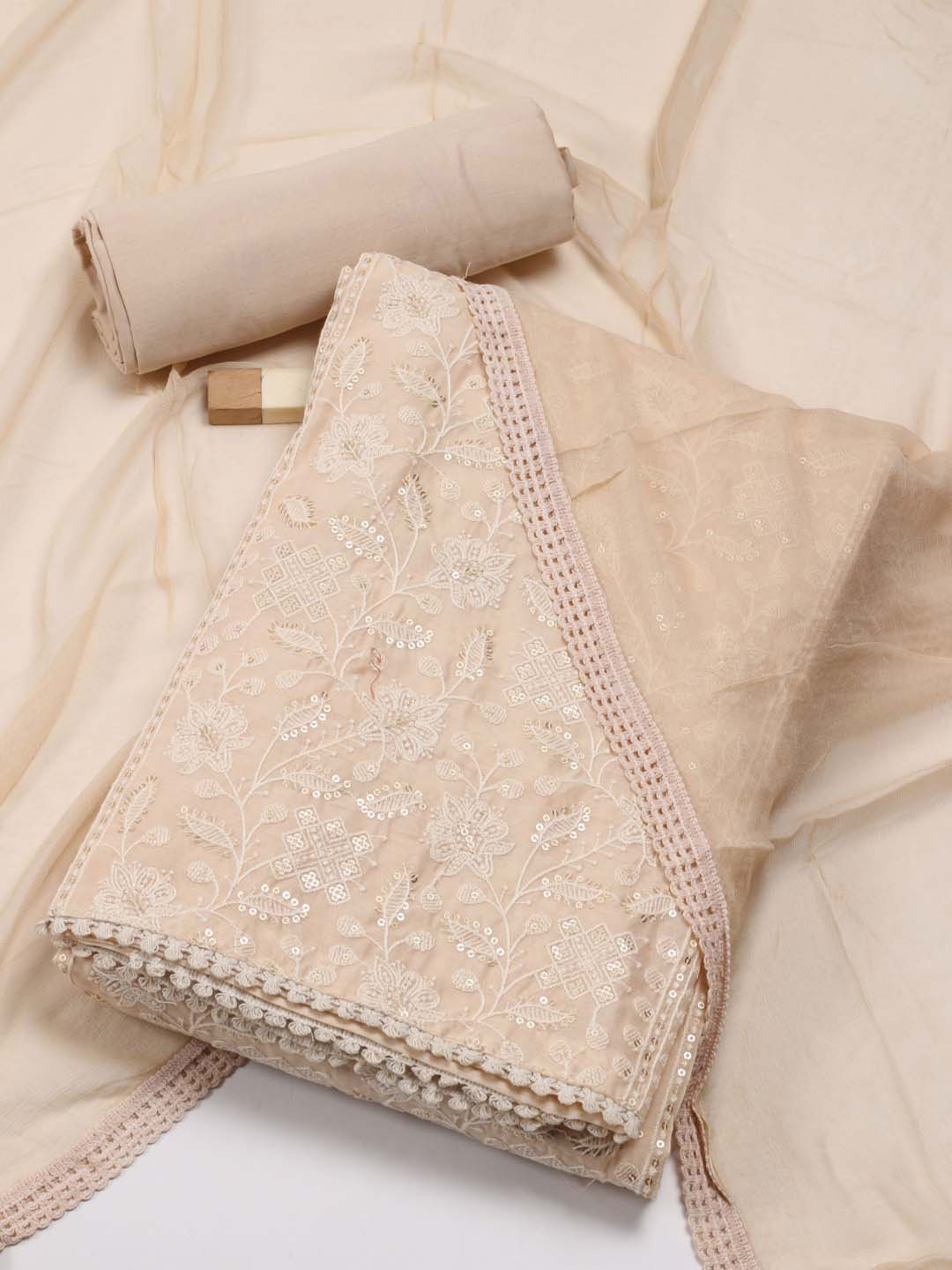 

Meena Bazaar Floral Embroidered Sequinned Art Silk Chanderi Unstitched Dress Material, Beige