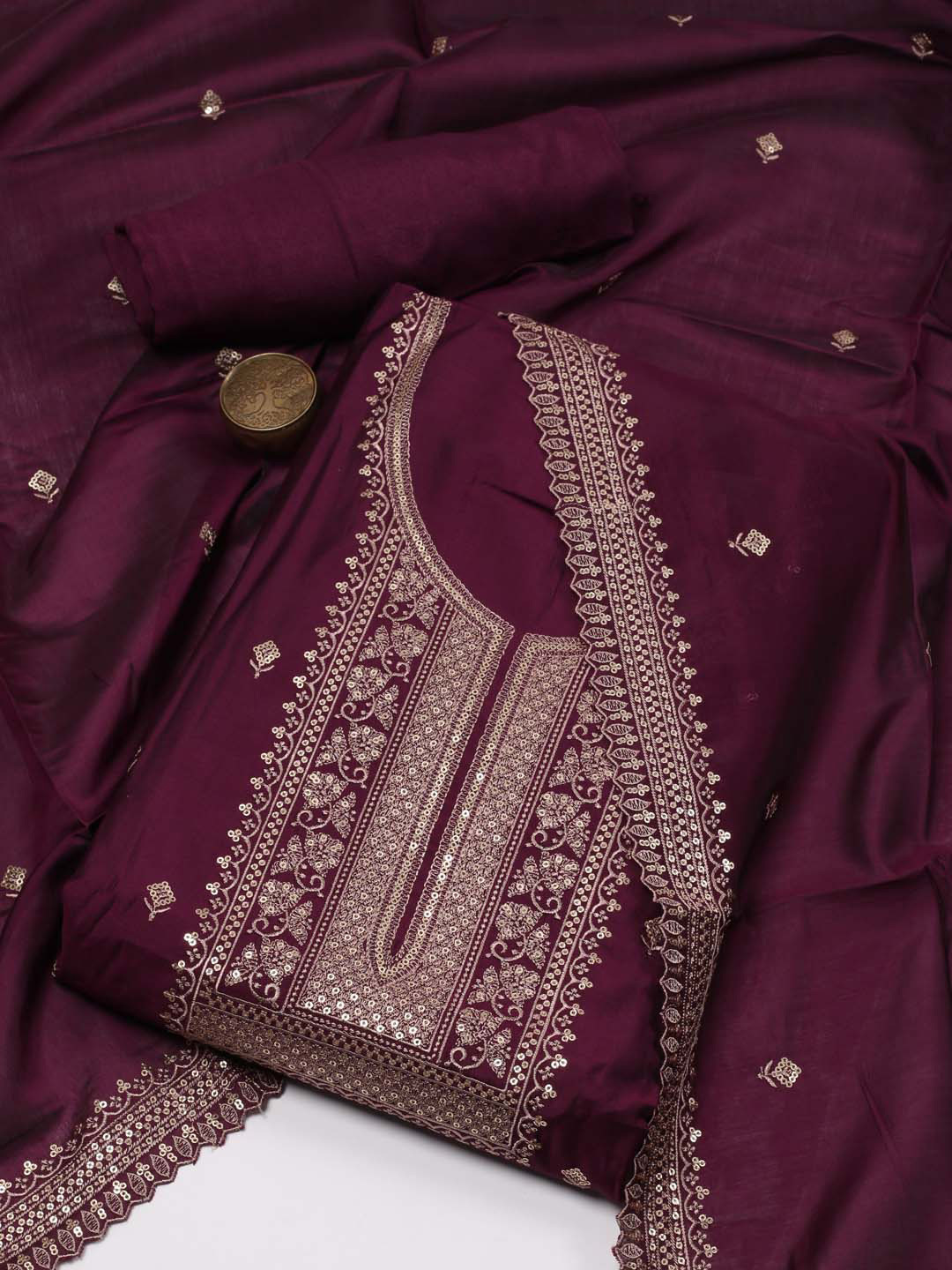 

Meena Bazaar Ethnic Motif Embroidered Sequinned Unstitched Dress Material, Purple