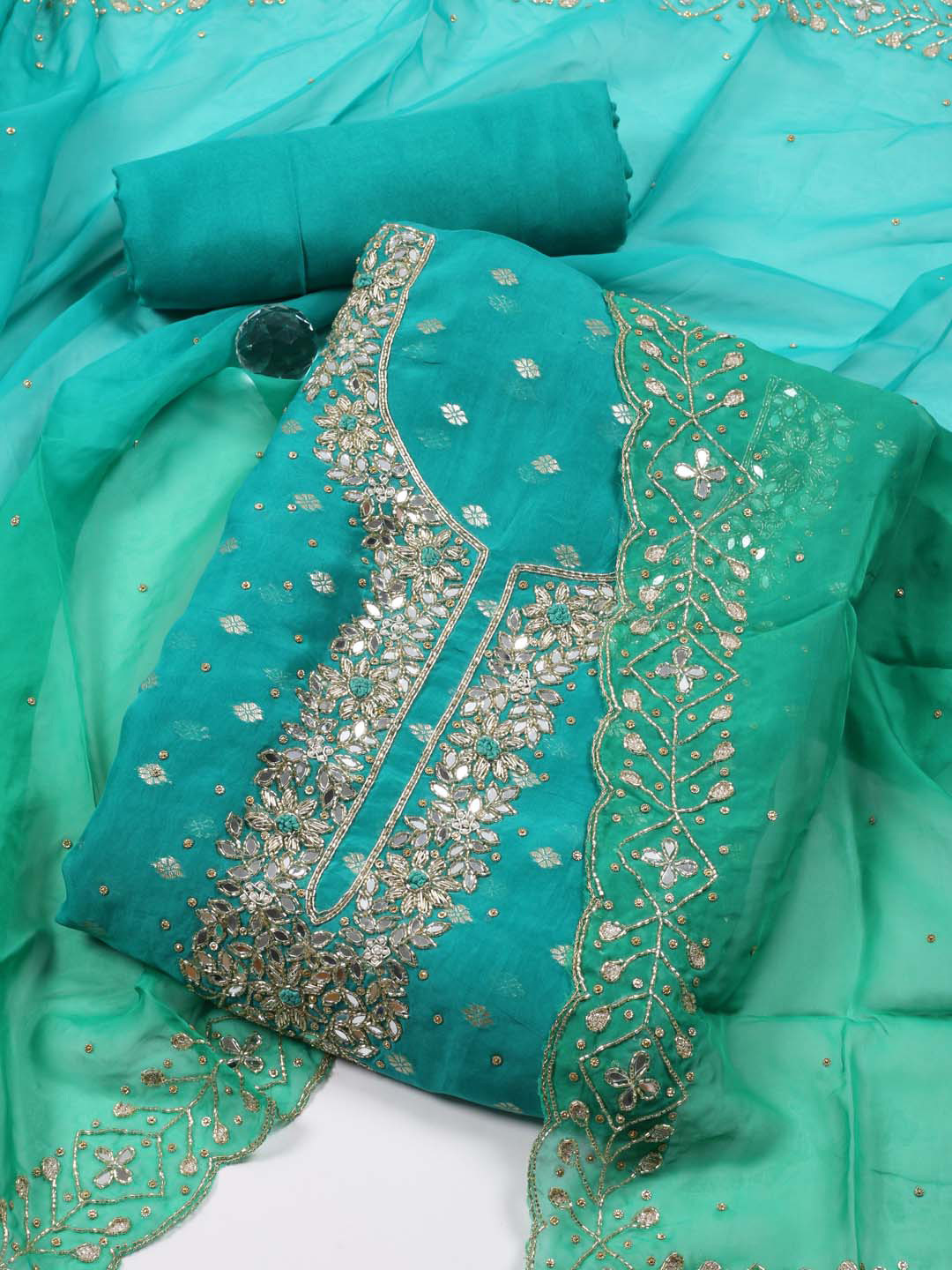 

Meena Bazaar Floral Woven Design Beads and Stones Unstitched Dress Material, Sea green