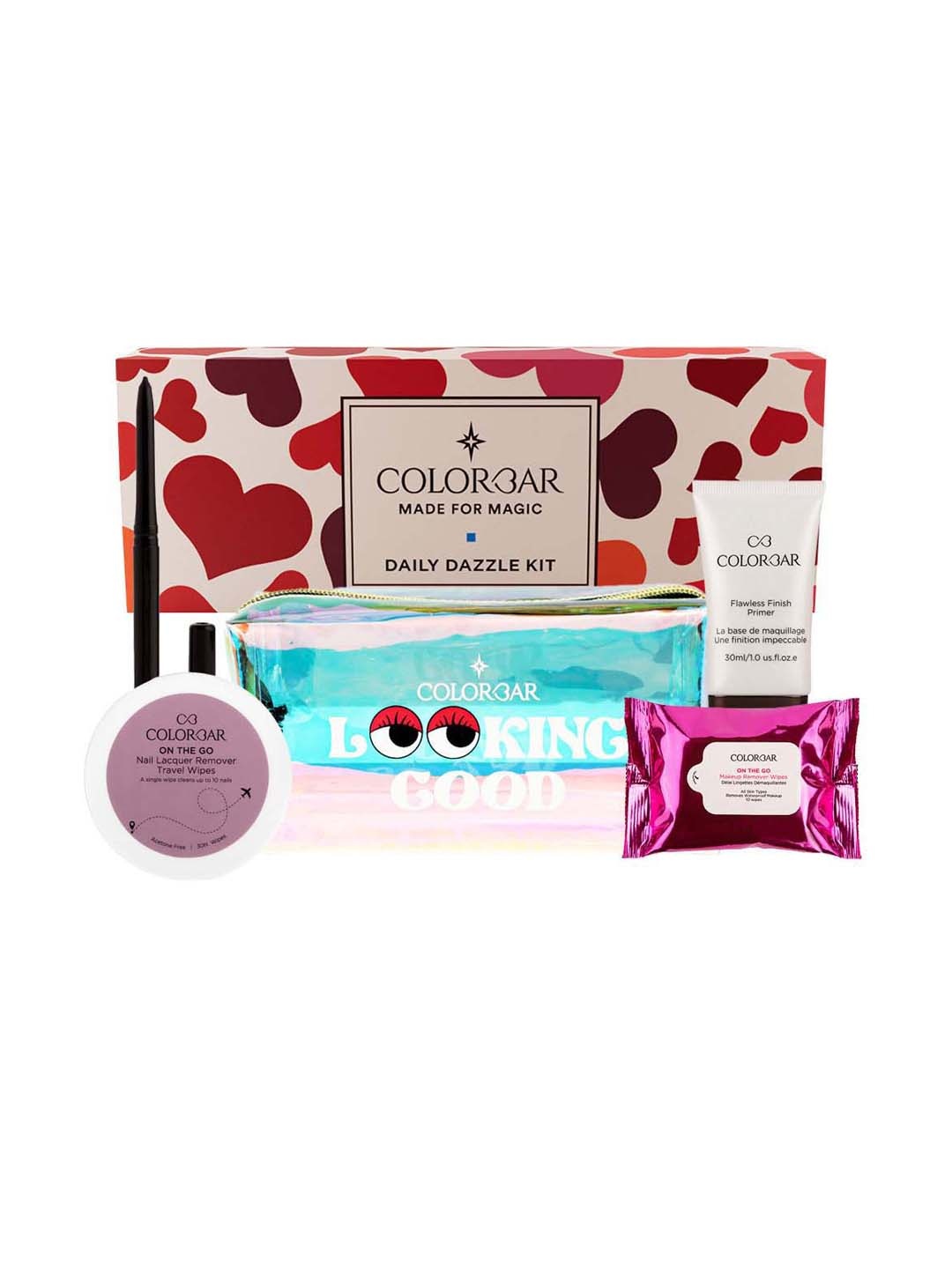 Colorbar 5-Pcs Primer-Smudge Proof Kajal-Makeup Remover Wipes-Nail Lacquer Remover & Pouch, Na