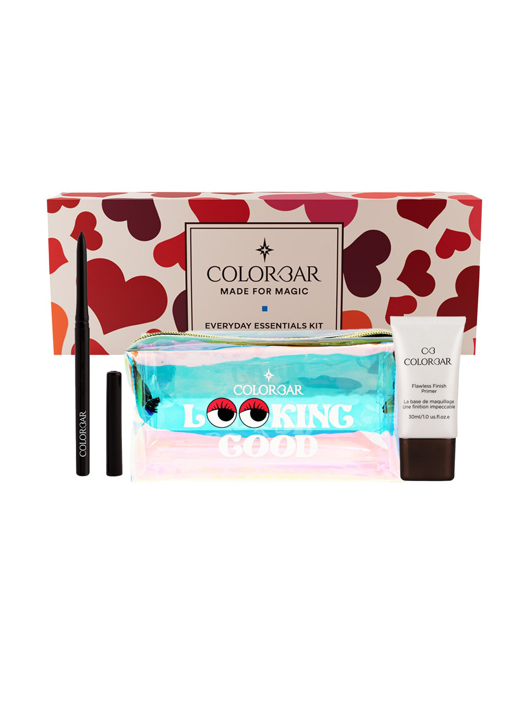 

Colorbar Mesmereyes Kajal -0.35g-Flawless Finish Primer -30ml-Looking Cool Pouch, White