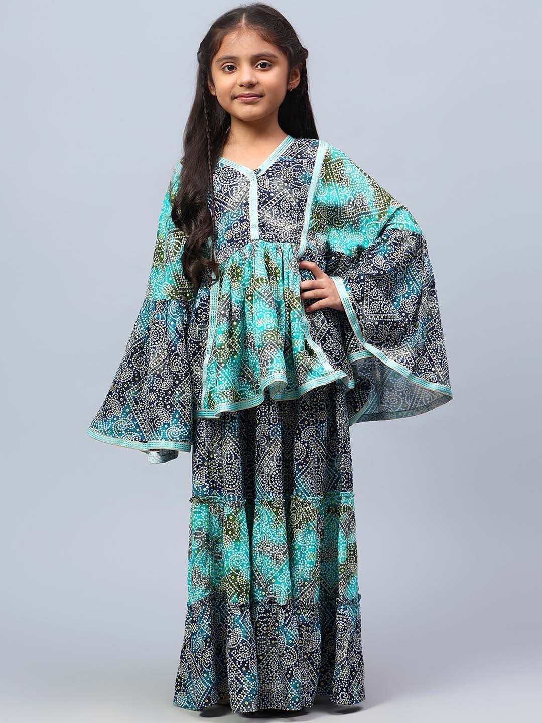 

BAESD Girls Bandhani Printed V-Neck Long Flared Sleeves Clothing Set, Blue