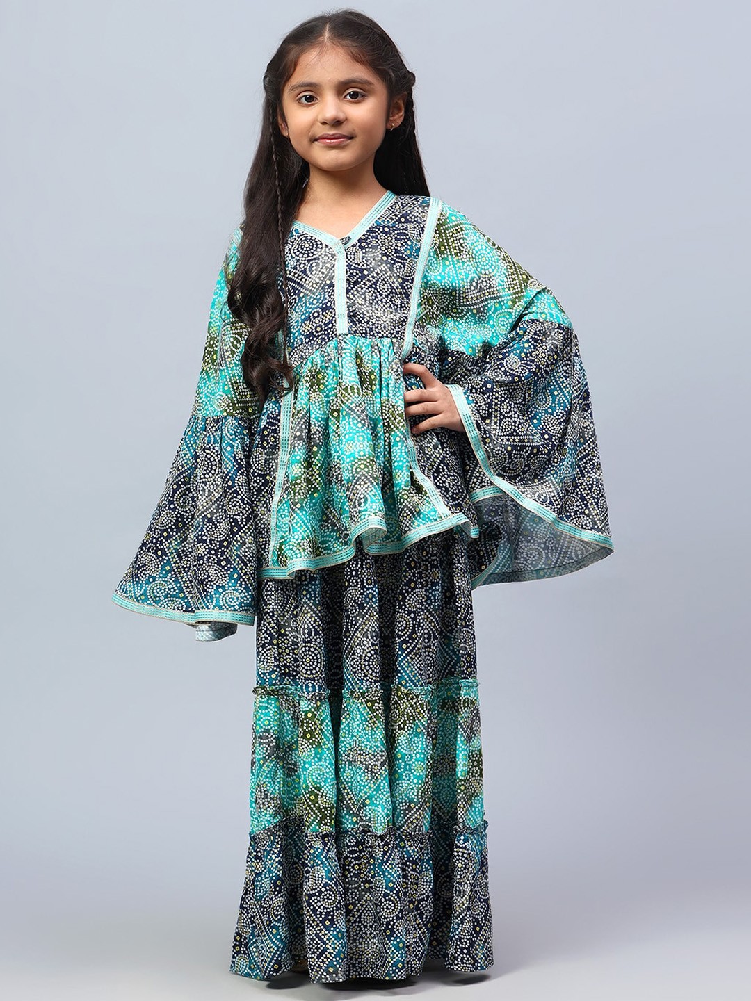 

BAESD Girls Bandhani Printed Flared Sleeves Empire Anarkali Top with Palazzos, Blue