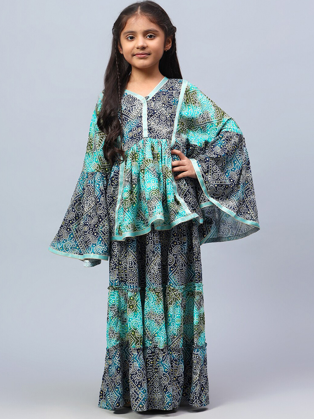 

BAESD Girls Bandhani Printed V-Neck Long Sleeves STop & Palazzos, Blue