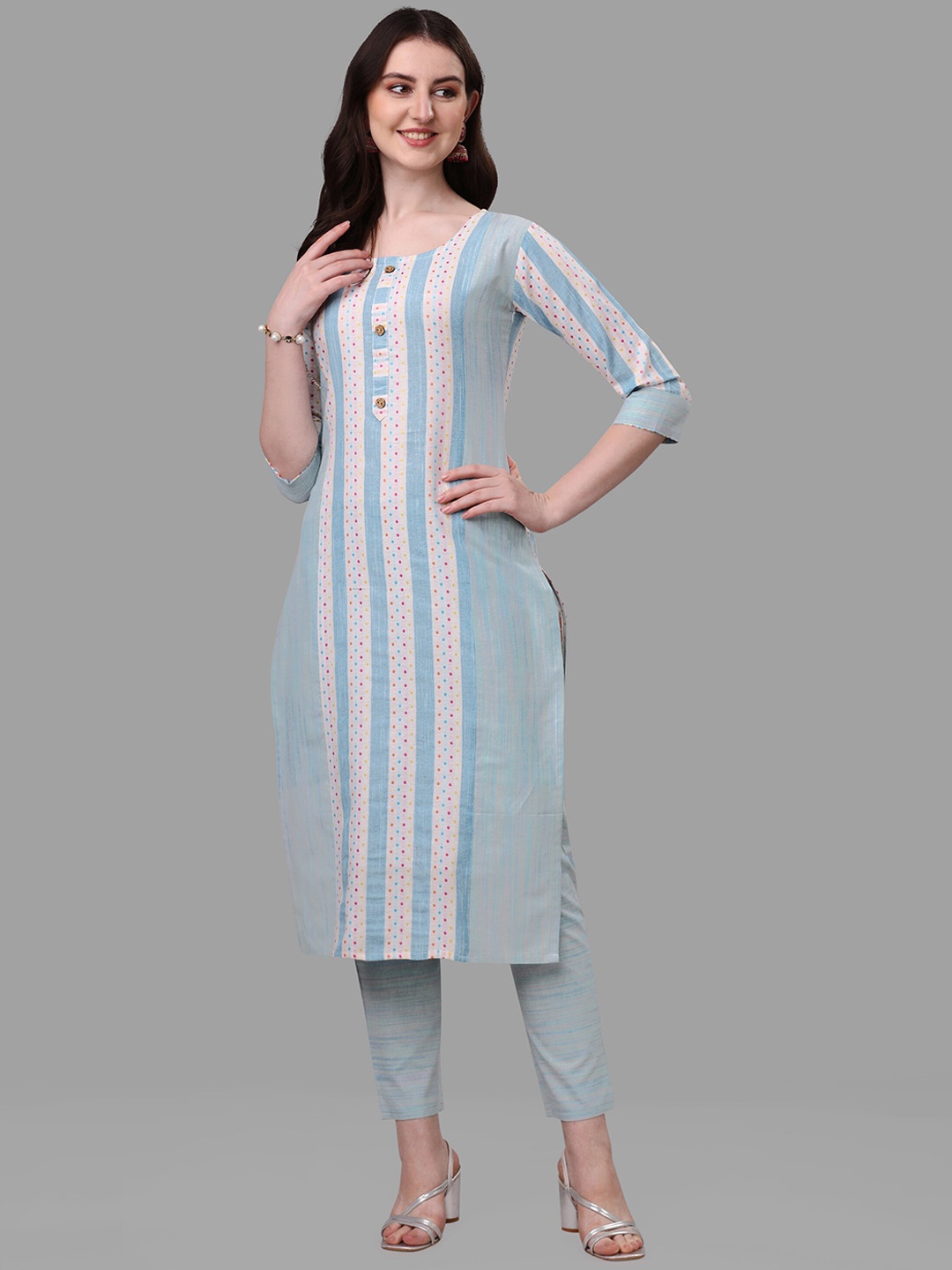 

WILNERCROWN Striped Pure Cotton Straight Kurta With Trousers & Dupatta, Blue