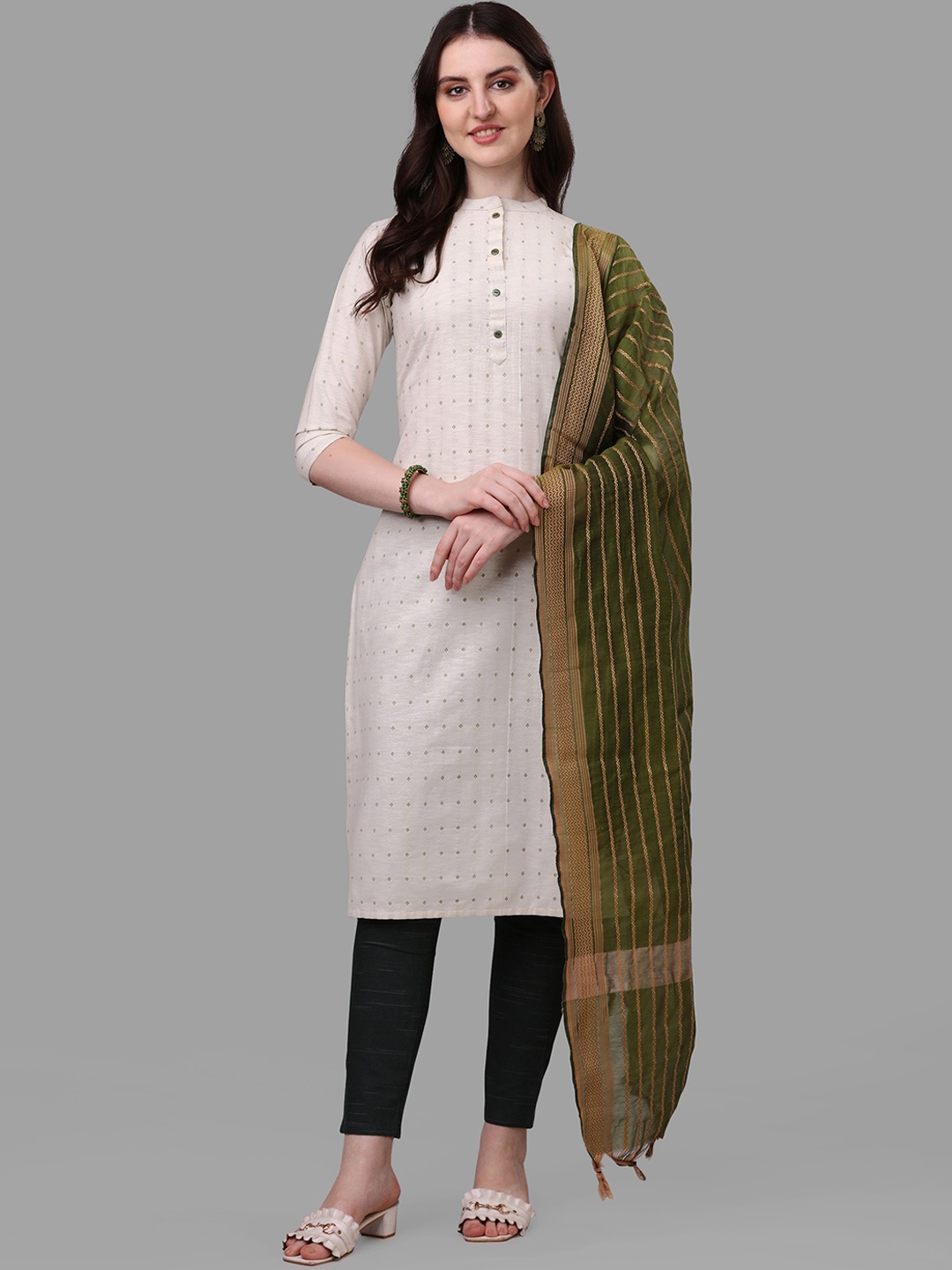

WILNERCROWN Woven Design Pure Cotton Straight Kurta With Trousers & Dupatta, Beige