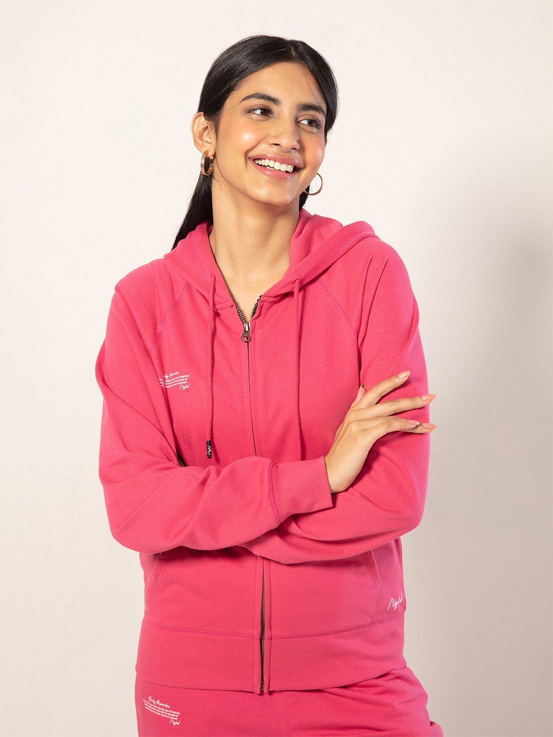 

Nykd Hooded Neck Long Sleeves Front-Open Sweatshirt, Pink