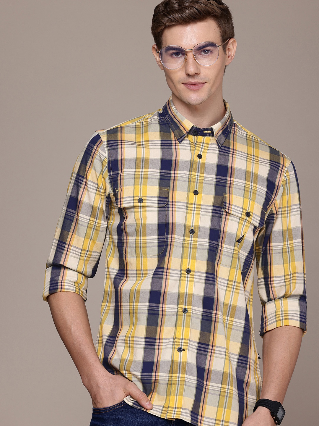 

Nautica Pure Cotton Slim Fit Opaque Checked Casual Shirt, Yellow