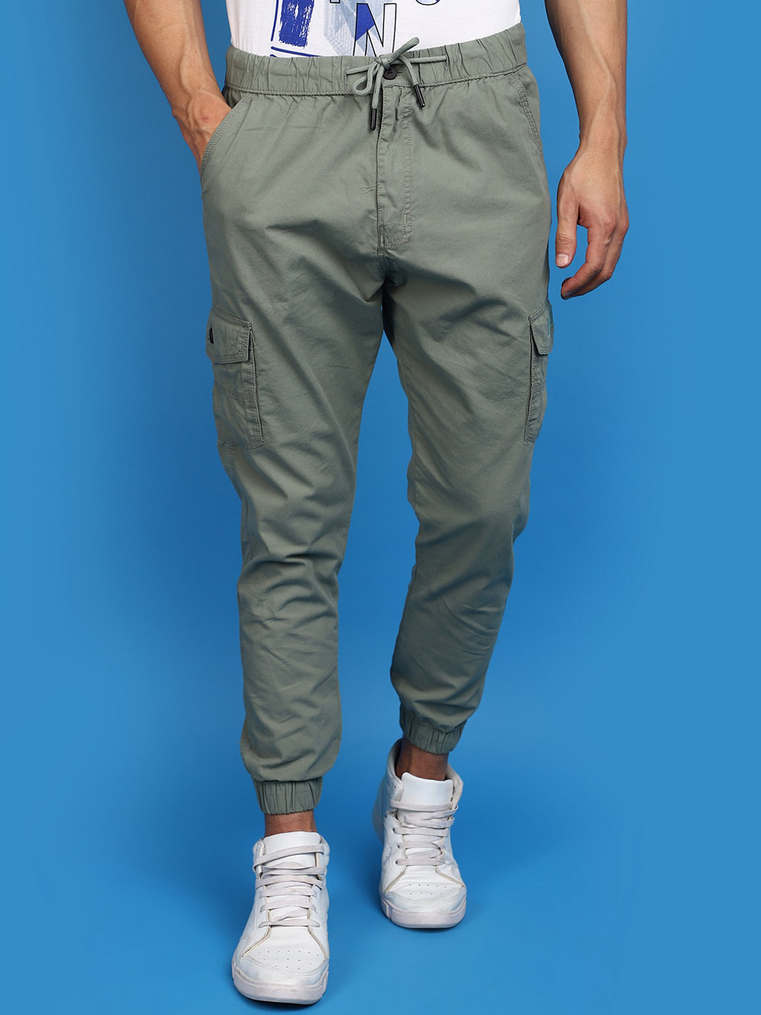 

V-Mart Men Mid-Rise Twill Cotton Joggers, Olive