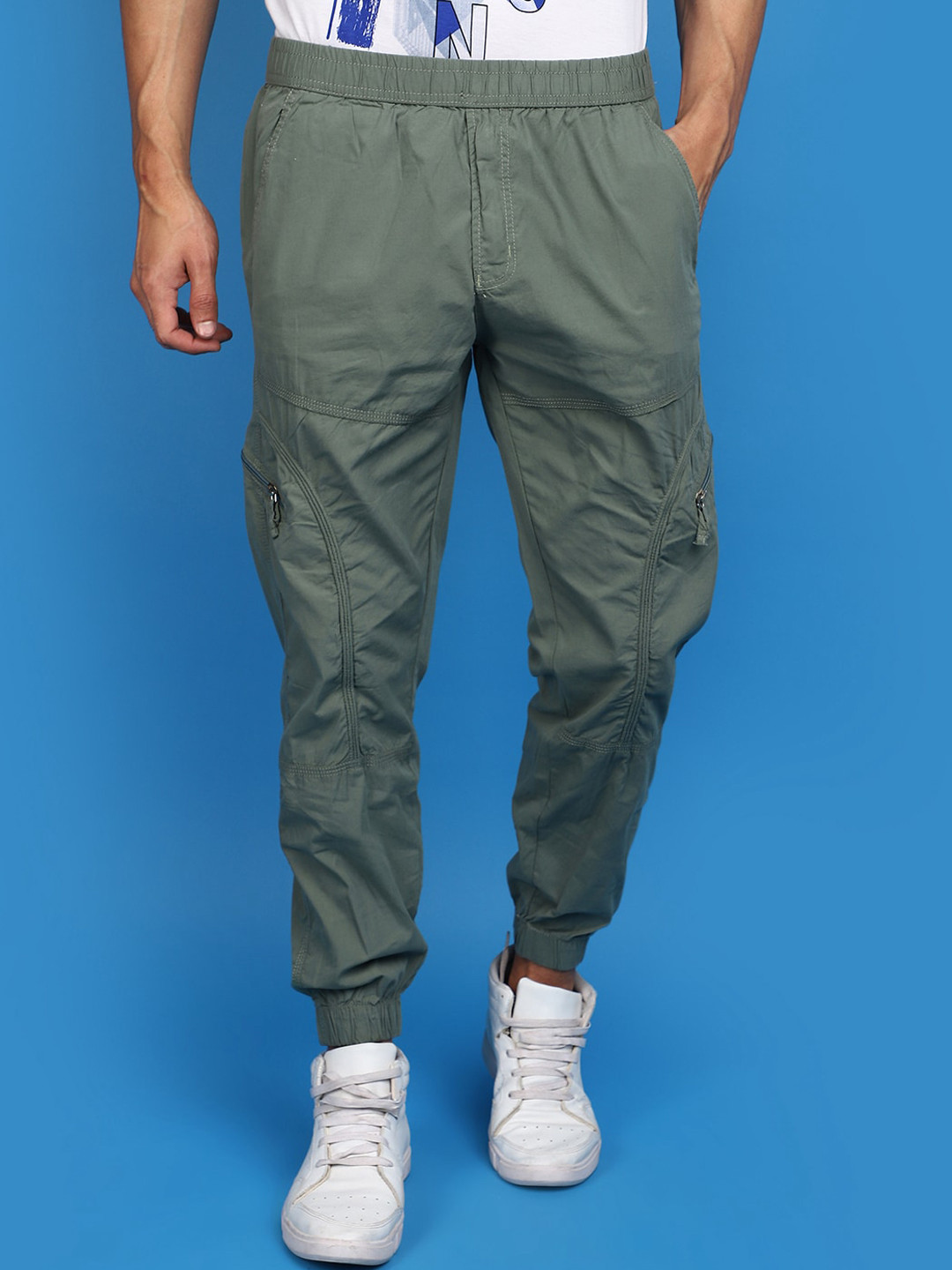 

V-Mart Men Mid-Rise Twill Cotton Joggers, Green