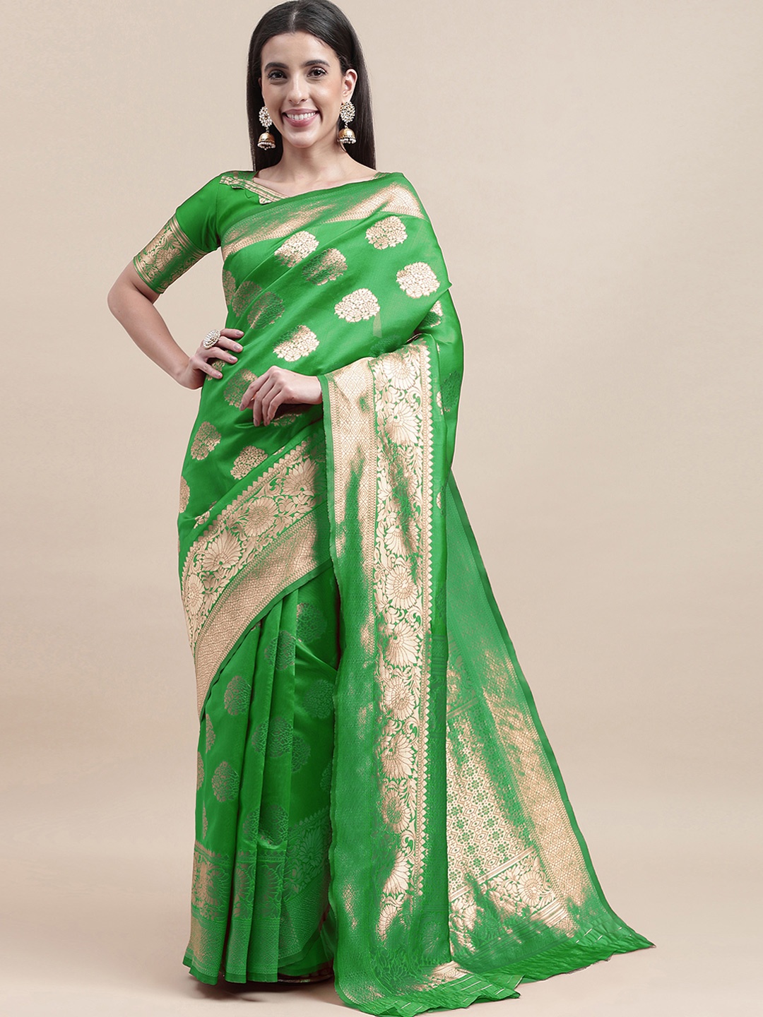 

MANVAA Ethnic Motifs Woven Design Zari Detail Pure Silk Kanjeevaram Saree, Green