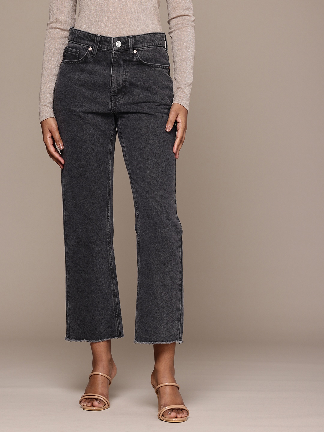

MANGO Women Blanca Light Fade Cropped Pure Cotton Jeans, Black