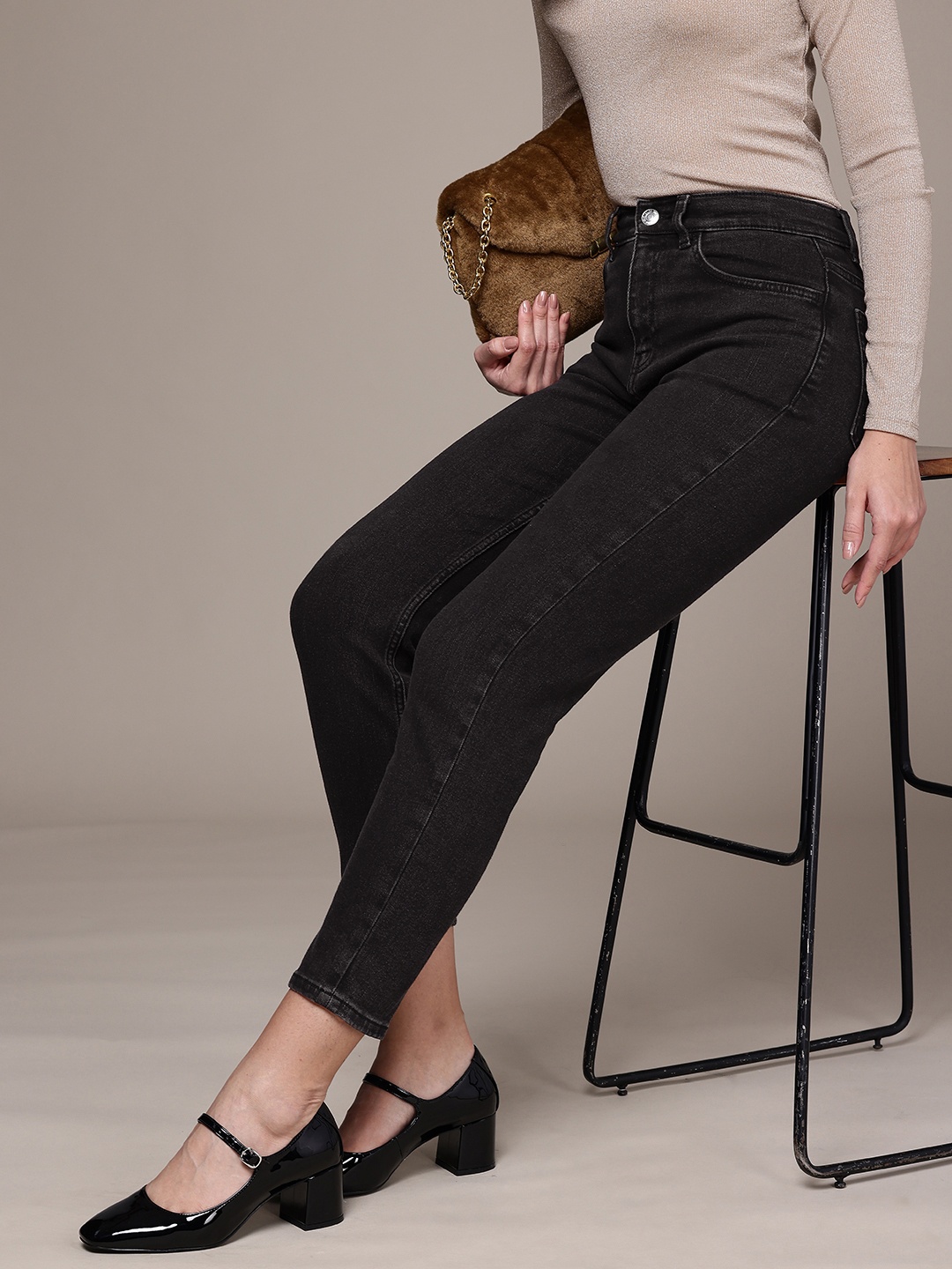 

MANGO Women High-Rise New Mom Fit Light Fade Stretchable Jeans, Black