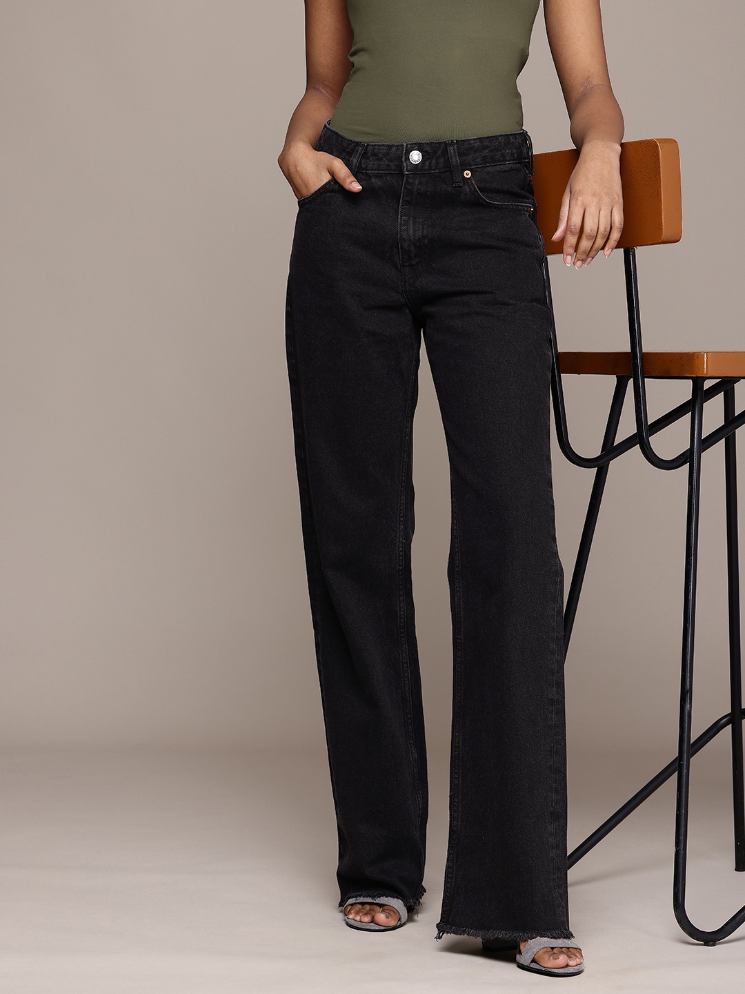 

MANGO Women Wide Leg High-Rise Light Fade Pure Cotton Jeans, Black