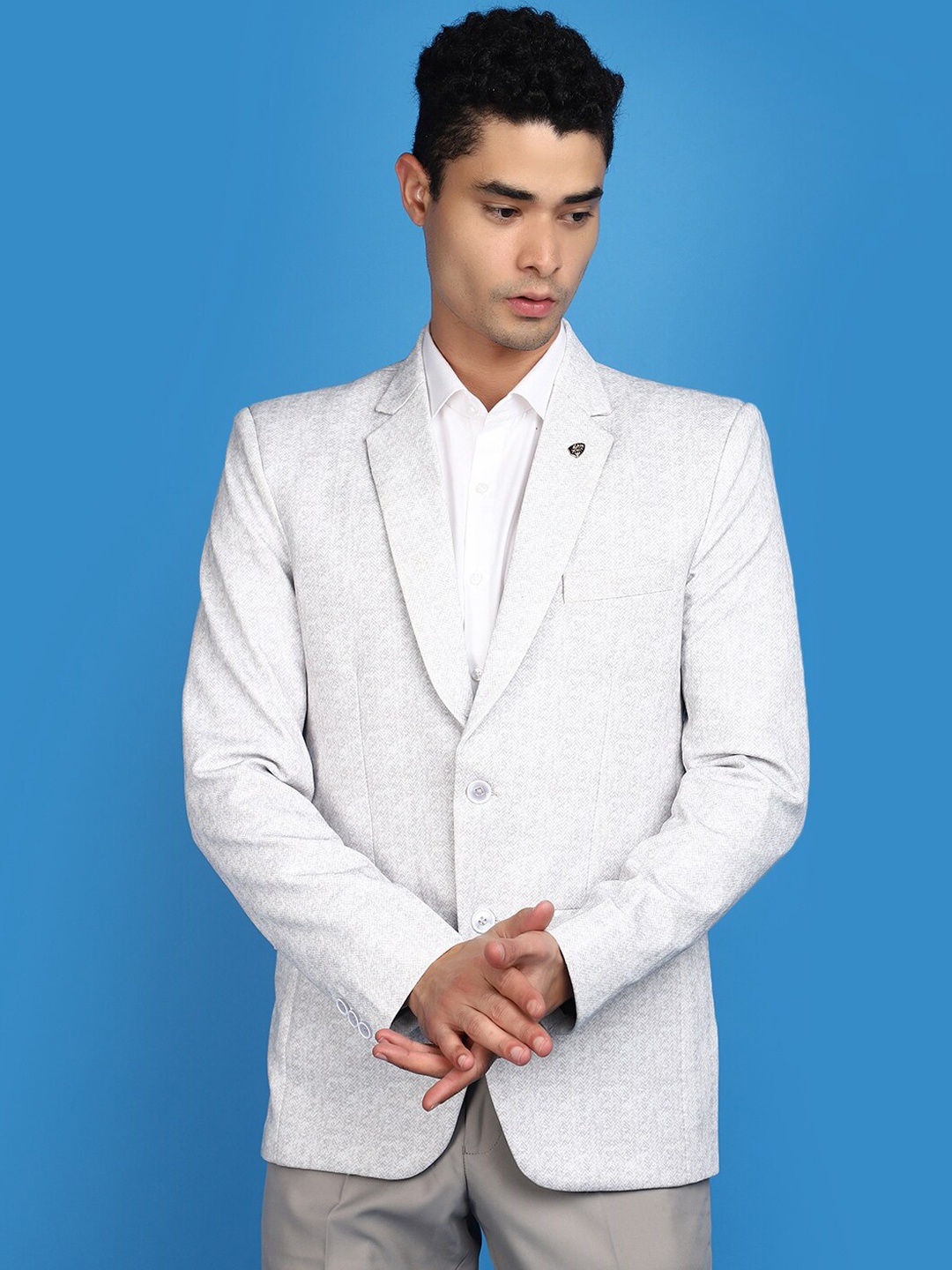 

V-Mart Notched Lapel Long Sleeves Lycra Single-Breasted Blazer, Grey