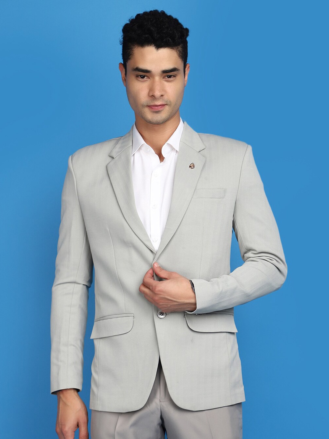 

V-Mart Notched Lapel Long Sleeves Lycra Single-Breasted Blazer, Grey