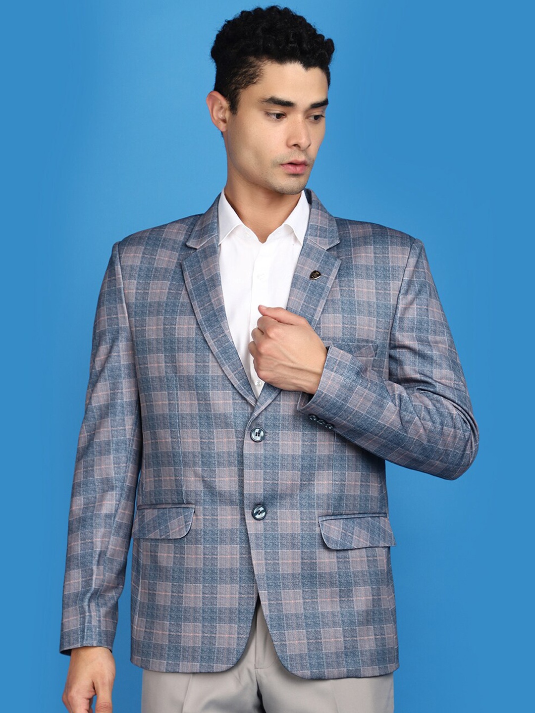 

V-Mart Checked Notched Lapel Collar Single-Breasted Formal Blazer, Blue
