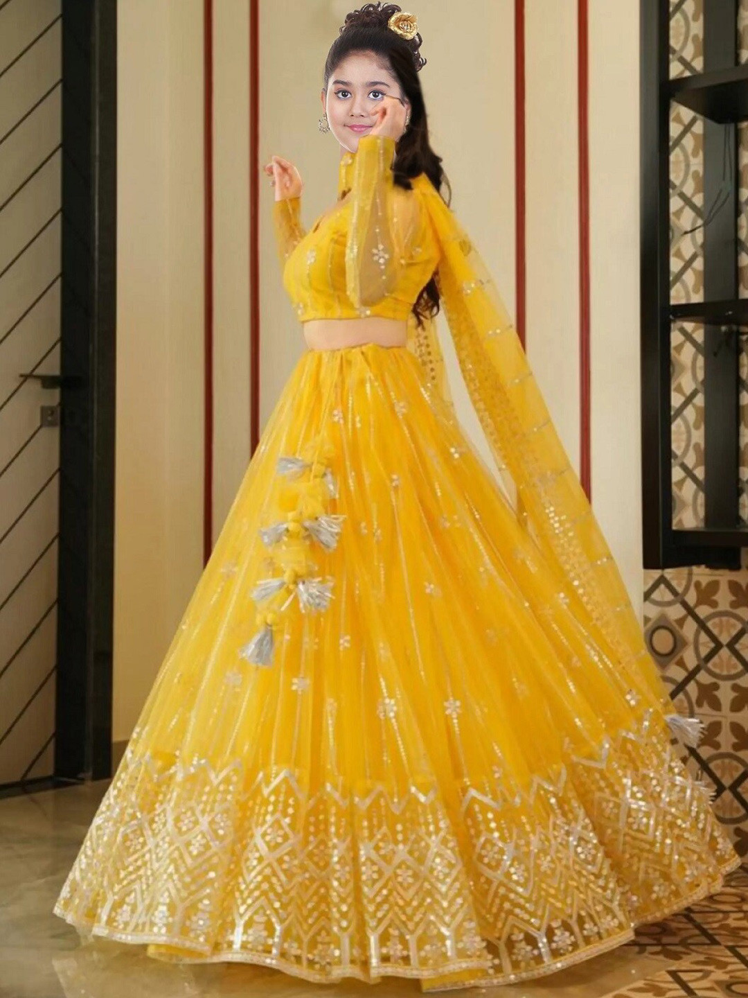 

BAESD Girls Embroidered Net Semi-Stitched Lehenga & Unstitched Blouse With Dupatta, Yellow