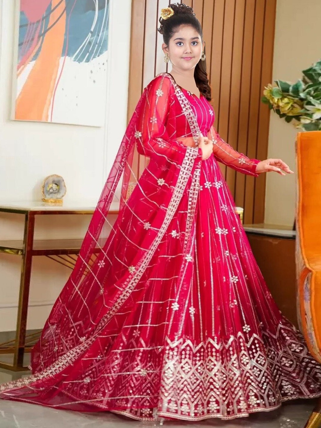 

BAESD Girls Embroidered Net Semi-Stitched Lehenga & Unstitched Blouse With Dupatta, Pink